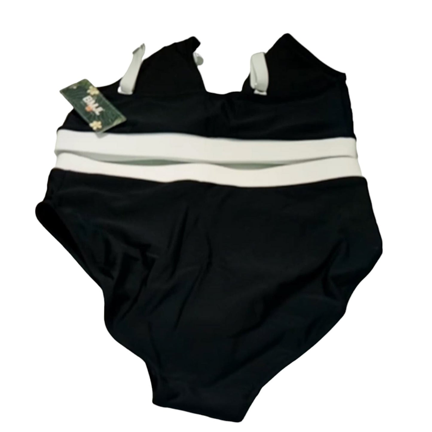 BMJL High Waisted V Neck 2-Piece Color Block Twist Front Bathing Suit, M, Black