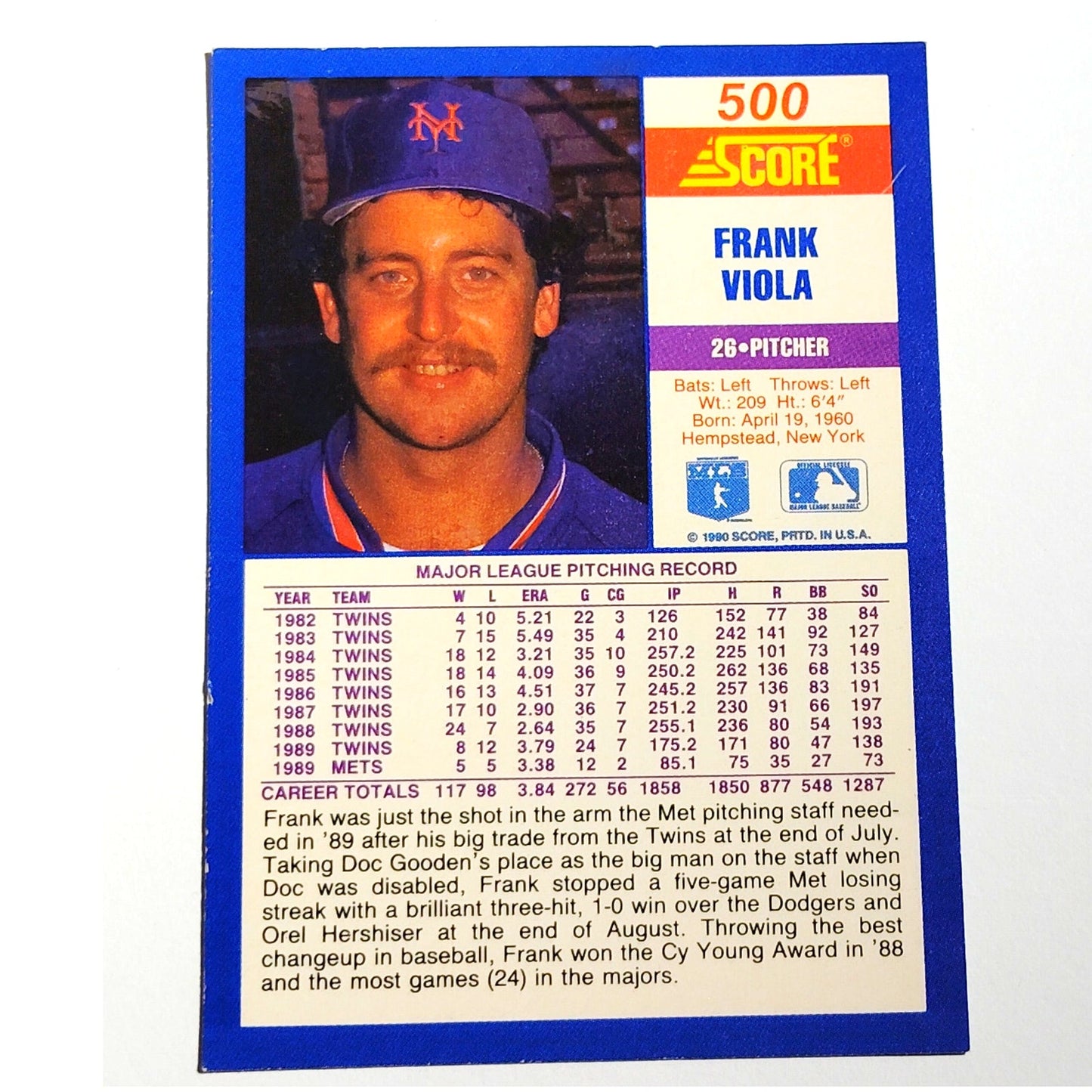 1990 Score Frank Viola #500 New York Mets Pitcher MLB Baseball EX
