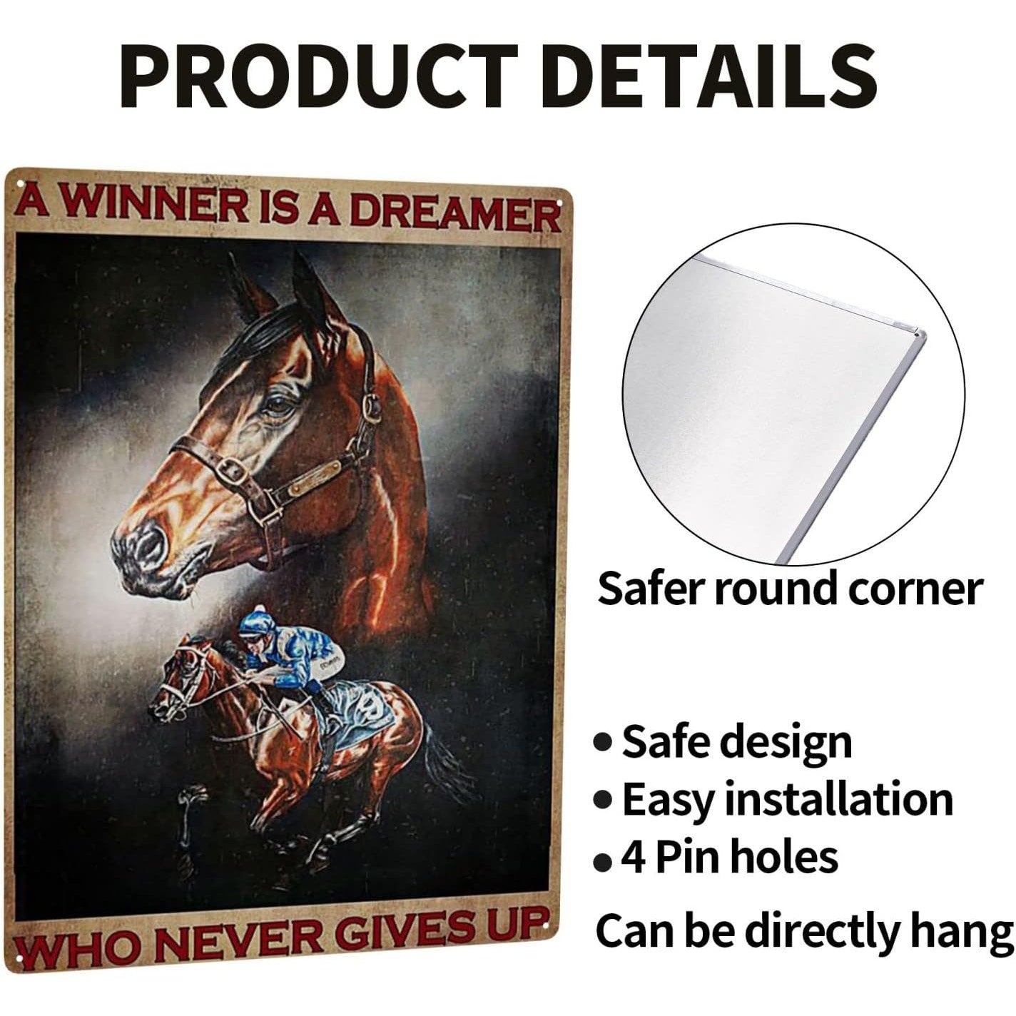 Horse Riding Tin Sign “A Winner Is a Dreamer Who Never Gives Up”, Vintage Metal Wall Plaque 12"x16"
