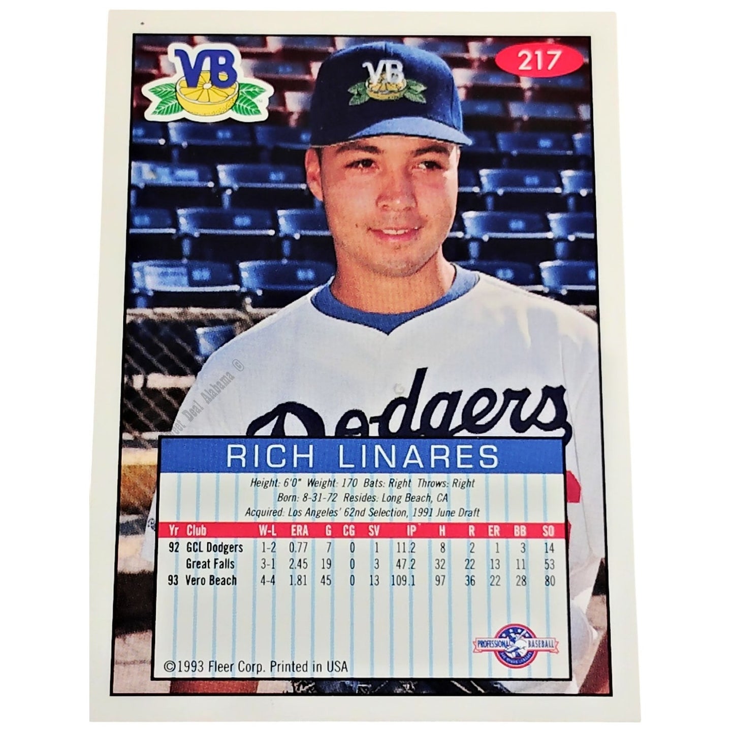 Rich Linares, Vero Beach Dodgers, No. 217, 93-94 Fleer Excel Minor Leagues