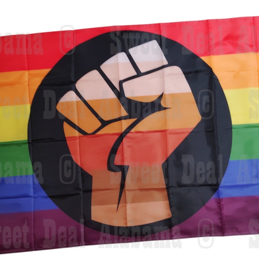 LGBTQ Pride Flag 59"x35" - Rainbow Banner w/ Fist, Brass Grommets