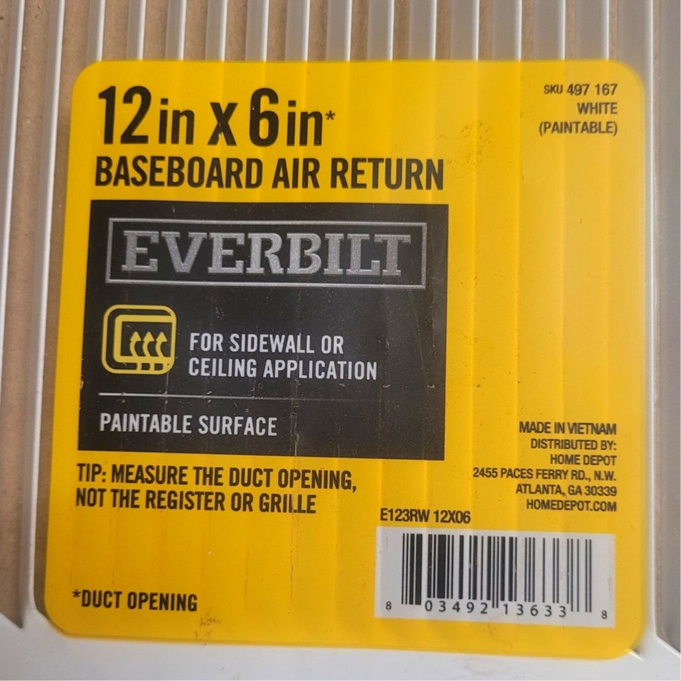 Everbilt 12 in. X 6 in. 1-Way Steel Baseboard Return Air Grille in White