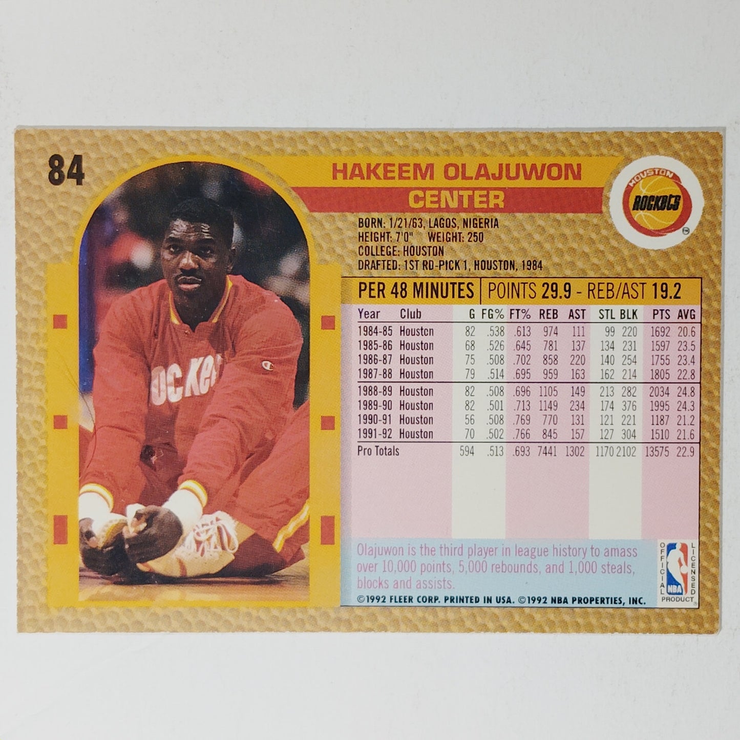 1992–93 Fleer Hakeem Olajuwon #84 Hall of Fame – Houston Rockets, Center – VG/EX