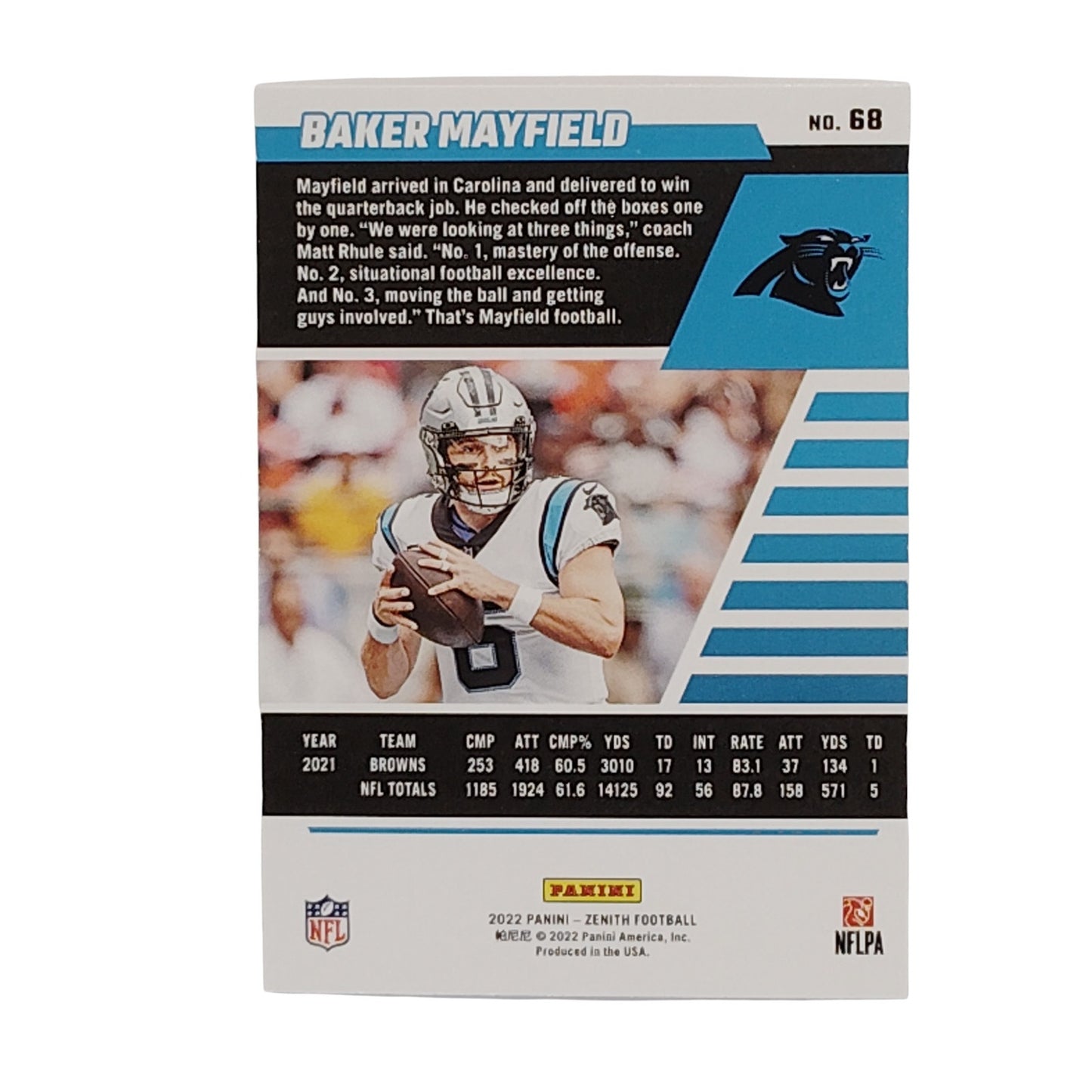 Baker Mayfield, Carolina Panthers, NFL 2022 Panini-Zenith Card 68, EX/NM