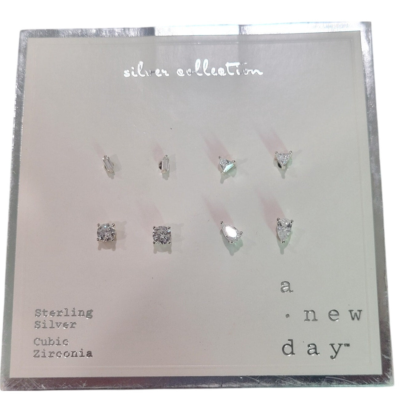 Sterling Silver Rectangle & Pear Cubic Zirconia Stud Earrings 4pc Set a New Day Nickel-Free