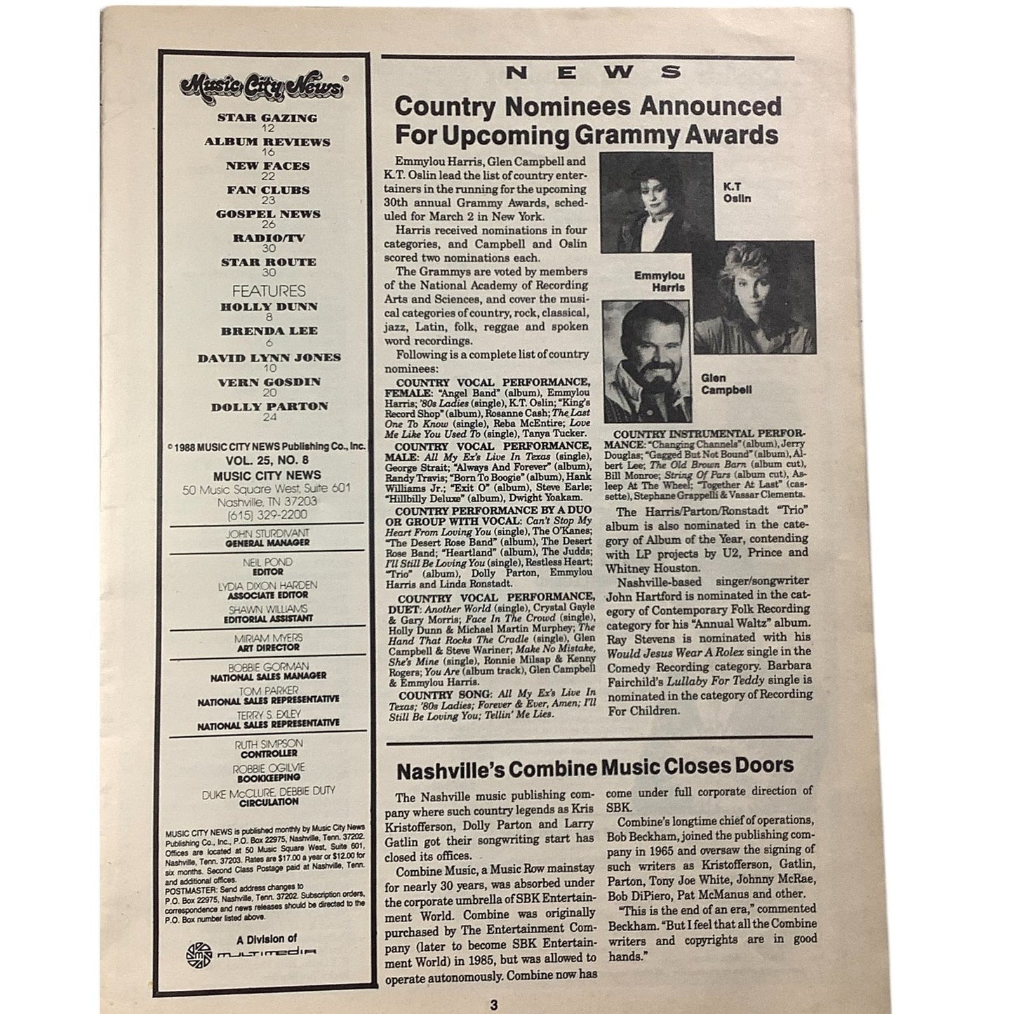 Music City News Magazine, Feb 1988 - Holly Dunn, Dolly Parton, Brenda Lee & More