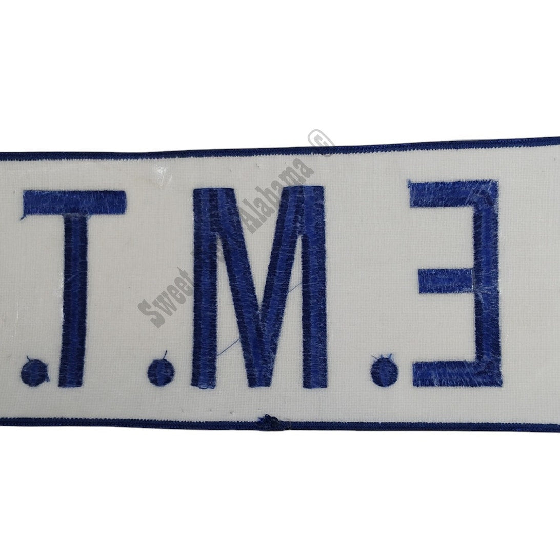 NOS, E.M.T. 11" x 4" Blue Text, White Background, Iron or Sew On Patch