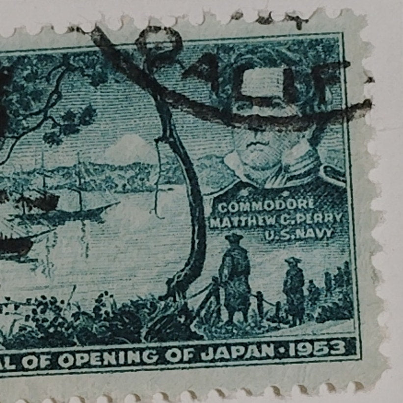 1953 5¢ Opening of Japan Centennial Stamp Scott 1021 Commodore Perry & Tokyo Bay
