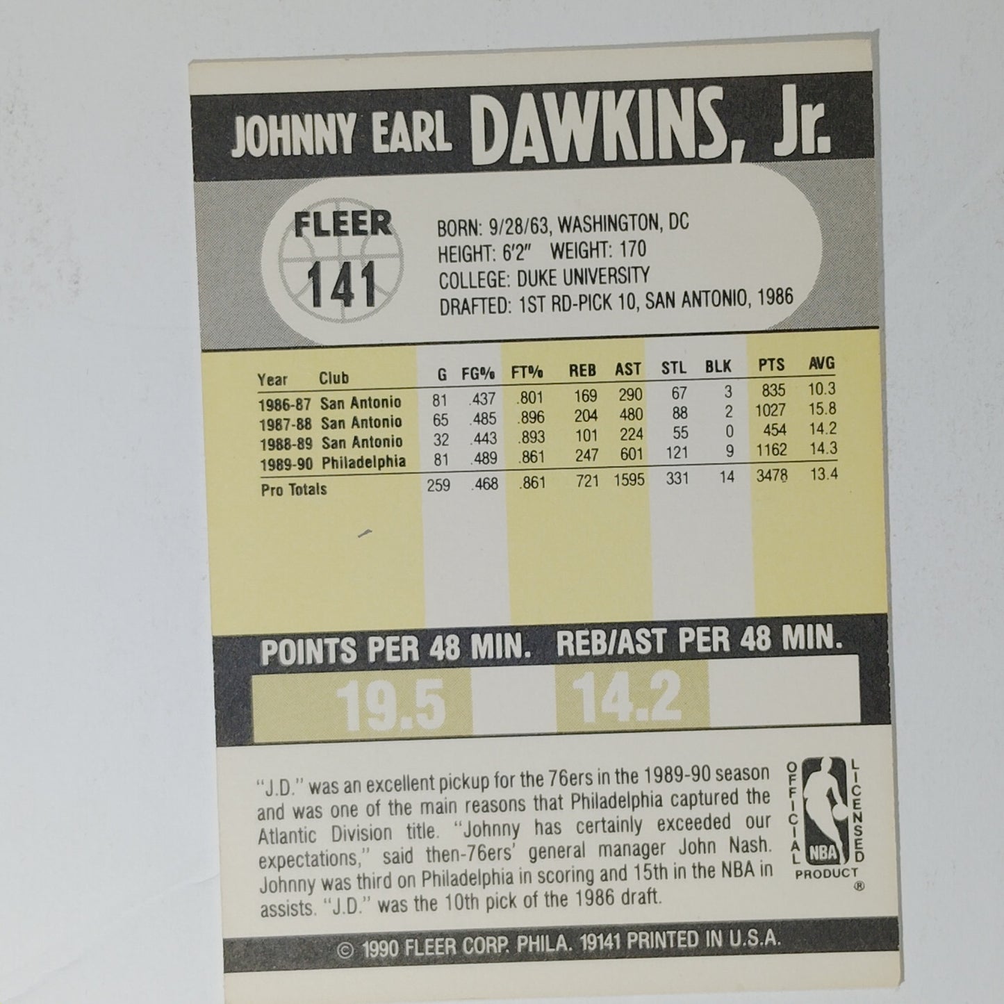 1990 Fleer Johnny Dawkins #141 – Philadelphia 76ers – Guard – NBA Card