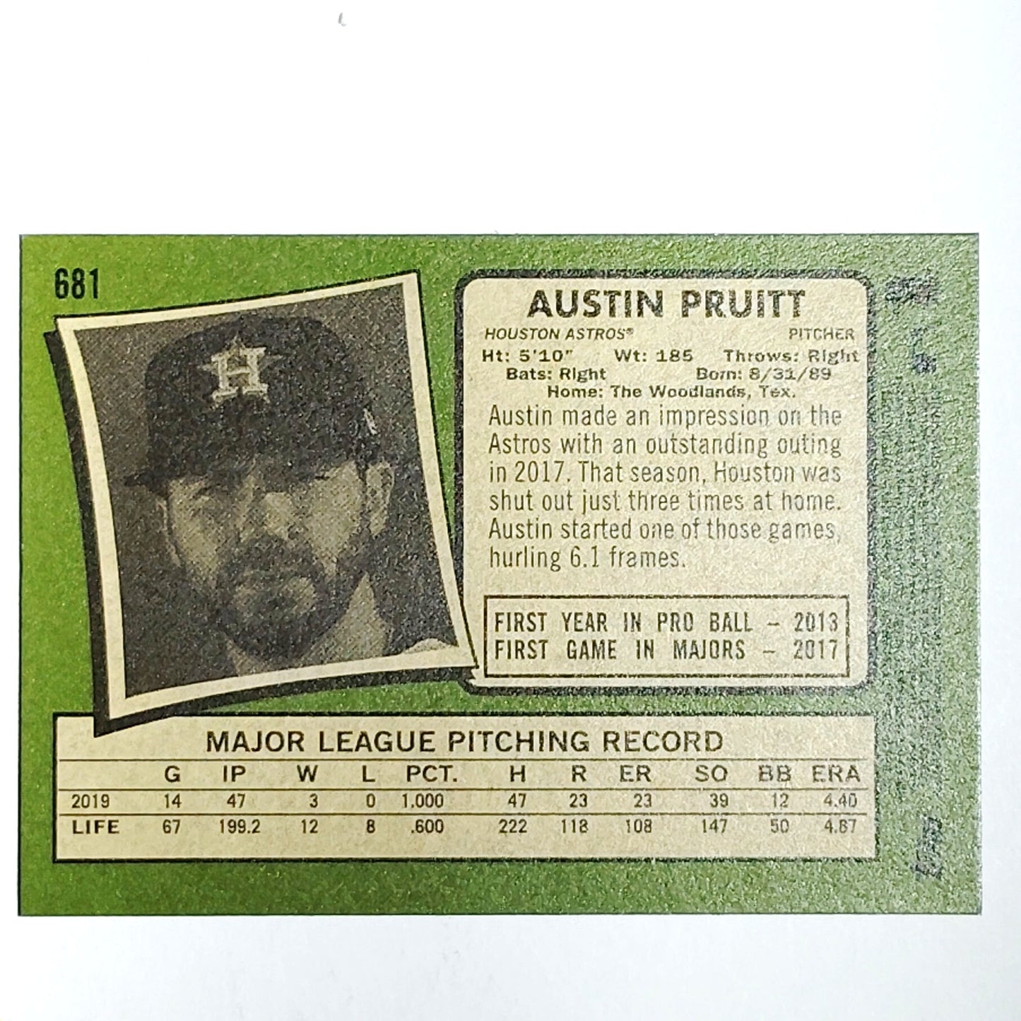 2020 Topps Heritage Austin Pruitt 681 Houston Astros Pitcher Baseball Card VG/EX