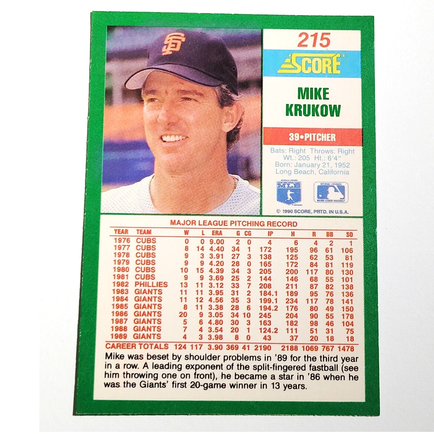 1990 Score Mike Krukow #215 San Francisco Giants Pitcher MLB Baseball EX
