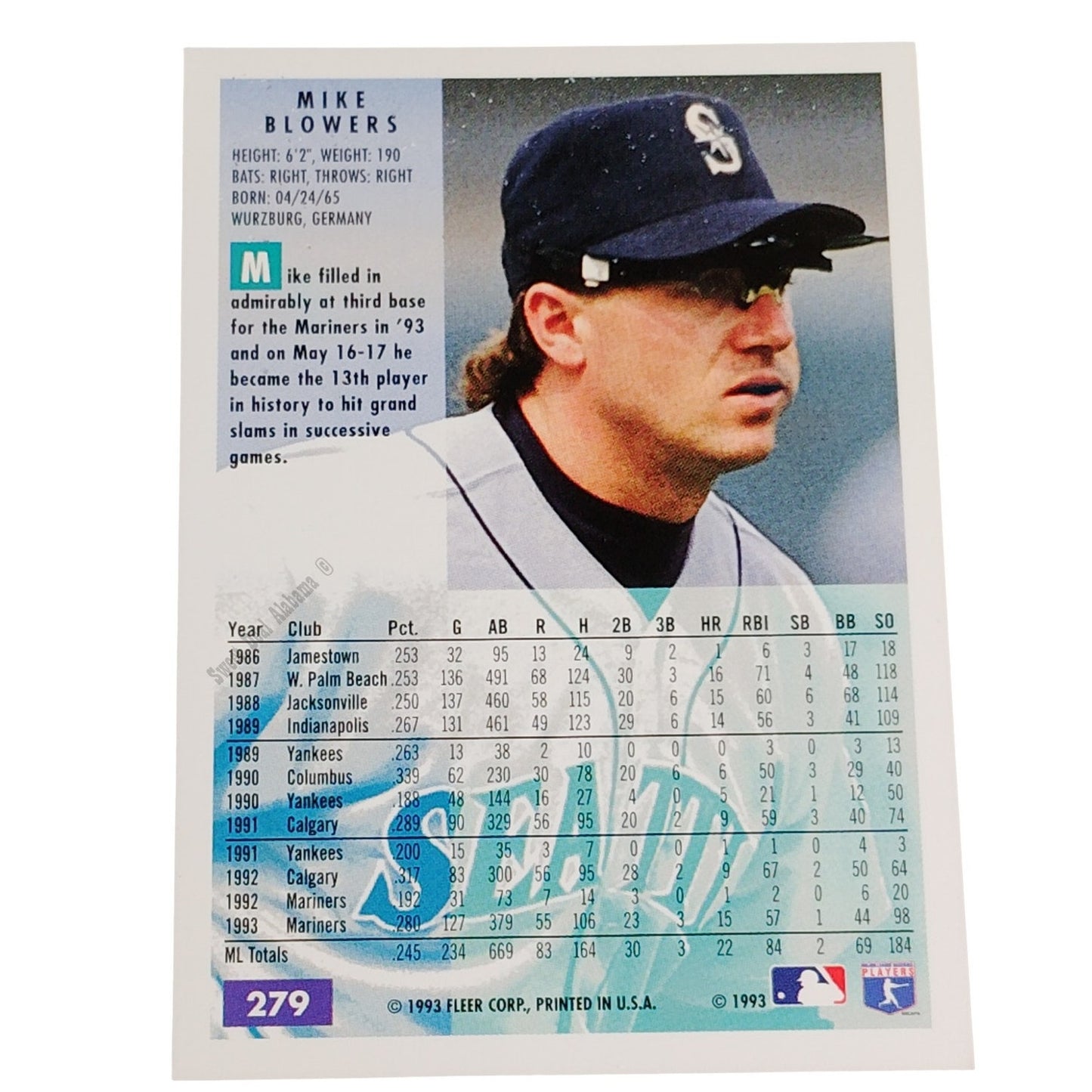 Mike Blowers, Seattle Mariners, #279, 1994 Fleer Baseball Collector's Card