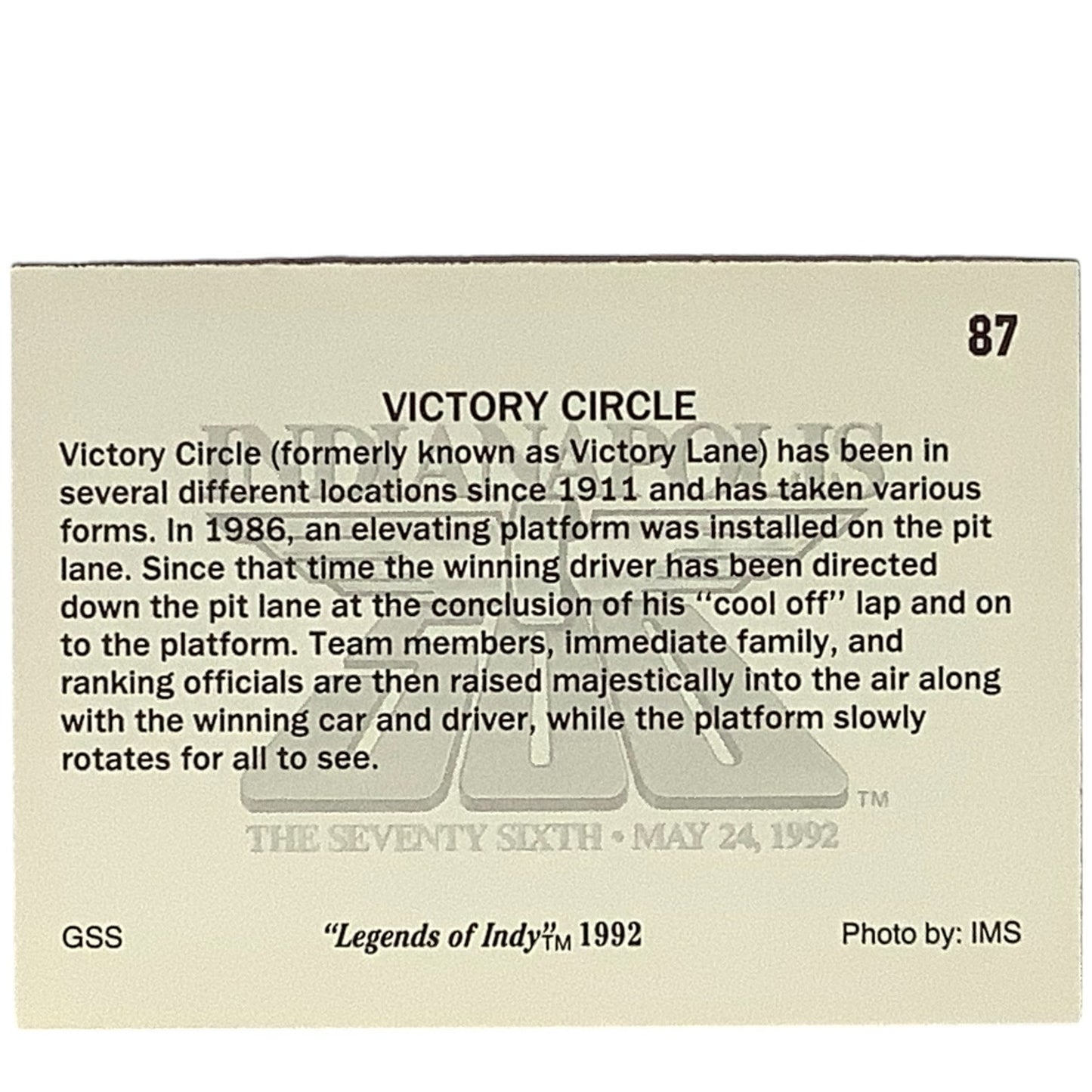 1986 Victory Circle at the Indianapolis 500, 1992 Legends of Indy, Card 87, NM+