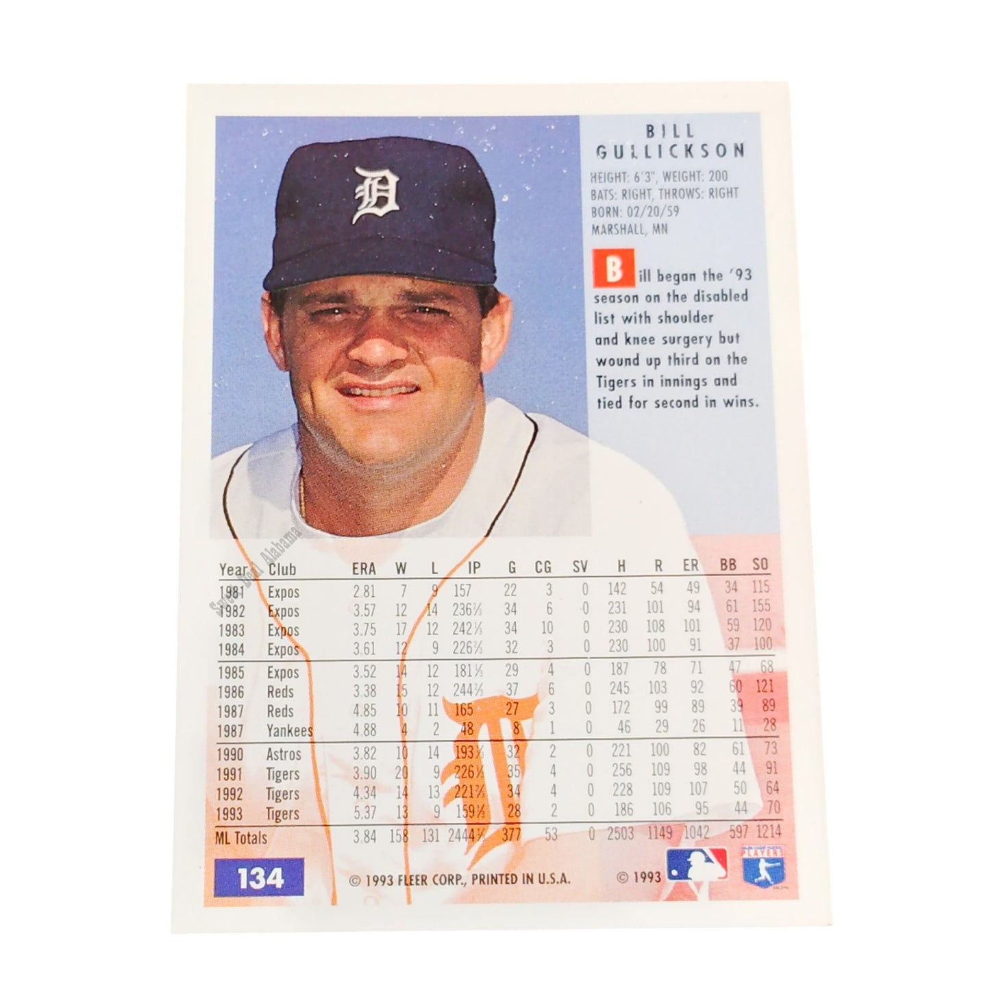 Bill Gullickson, Detroit Tigers, #134, 1994 Fleer Baseball Collector's Card