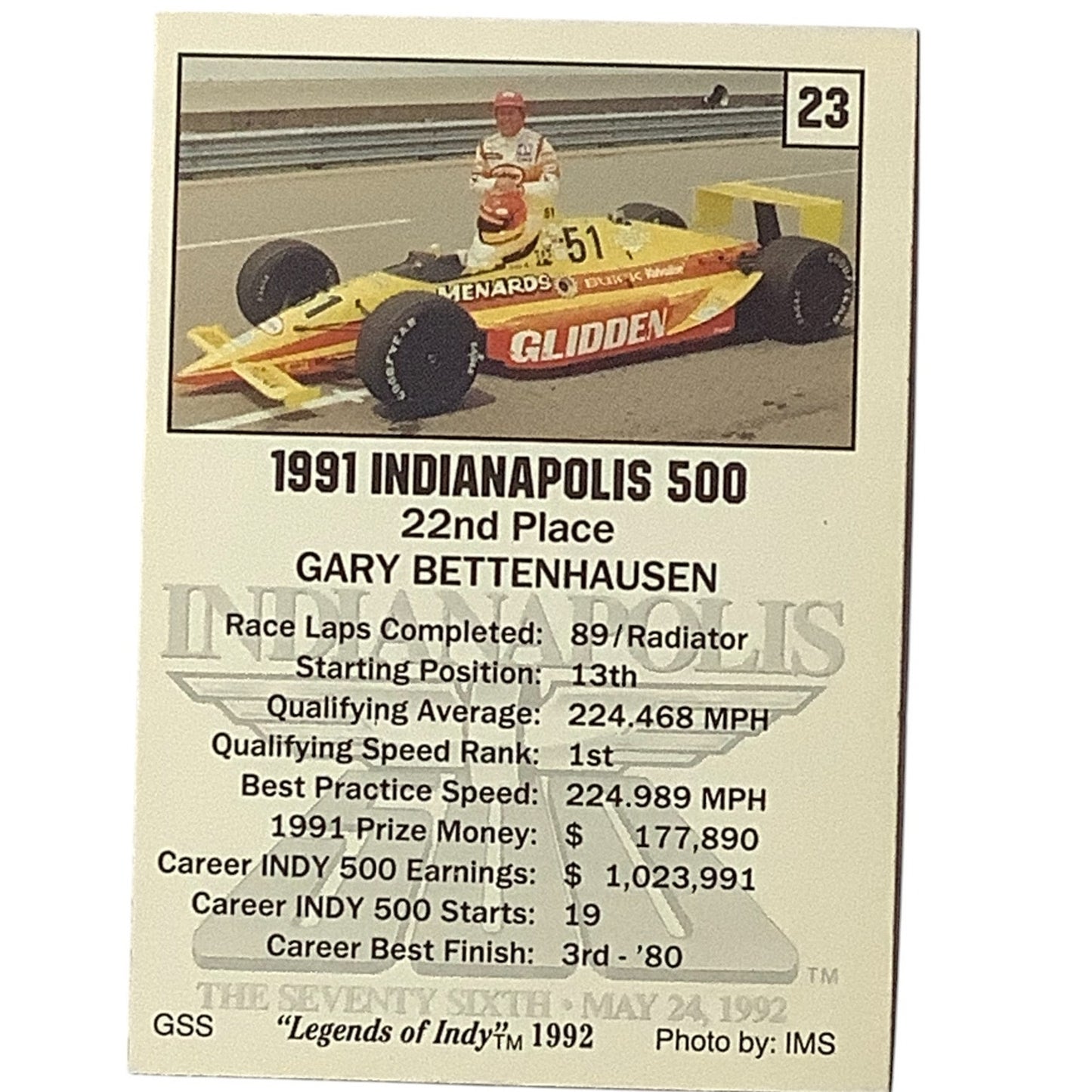 Gary Bettenhausen 22nd Place, 1991 Action, 1992 Legends of Indy Card 23, NM+