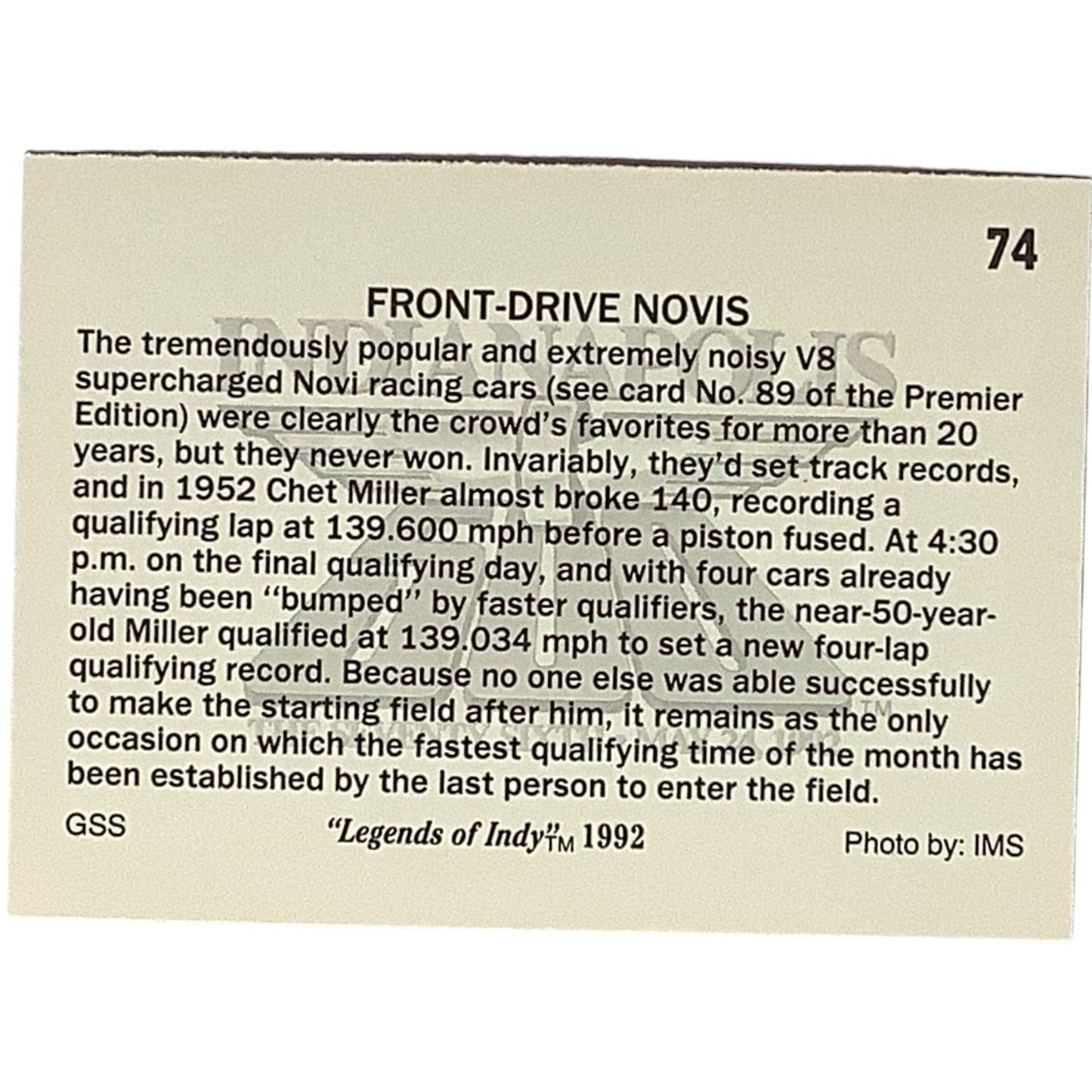 1952 Chet Miller's Front Drive Novi at Indy 500, 1992 Legends of Indy, #74 NM+