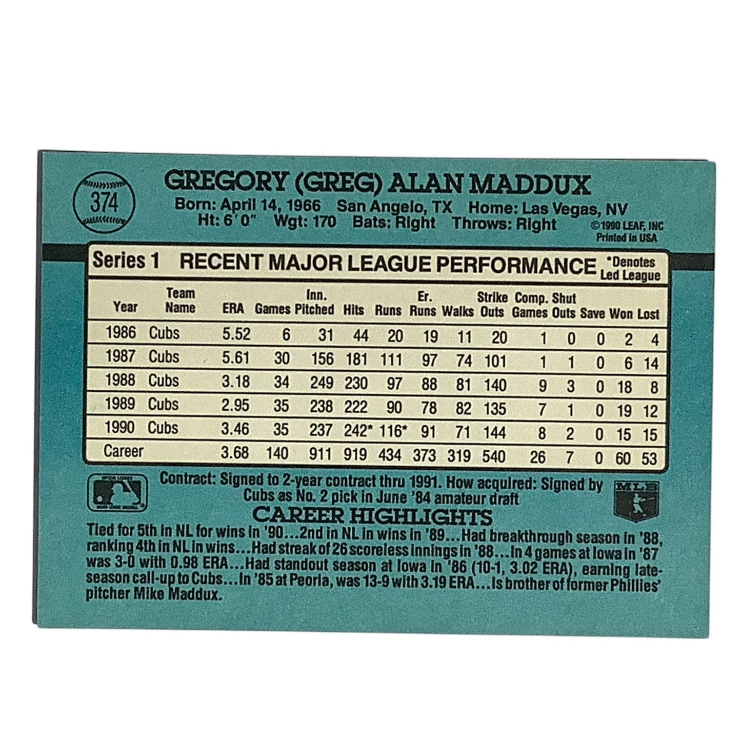Greg Maddux, Chicago Cubs, MLB, 1991 Donruss Leaf Card 374, EX/NM