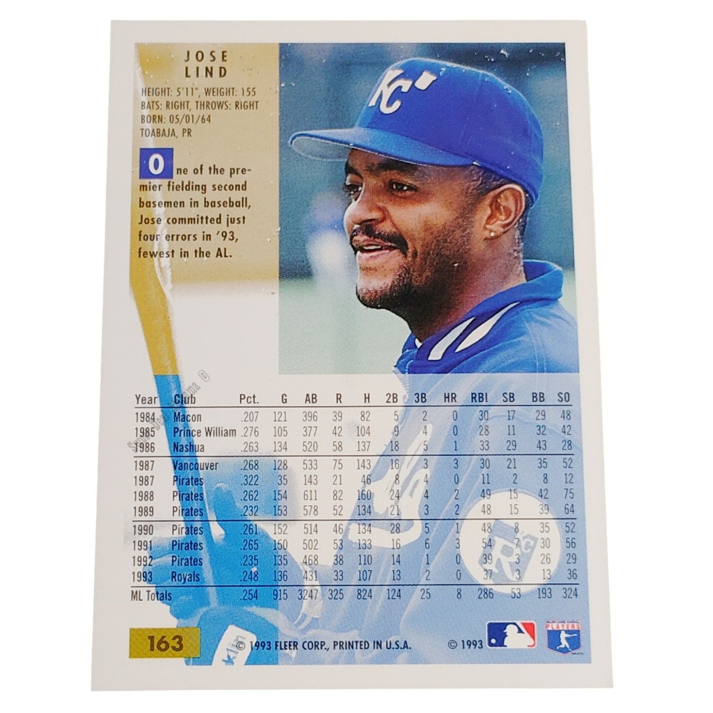 Jose Lind, Kansas City Royals, #163, 1994 Fleer Baseball Collector's Card