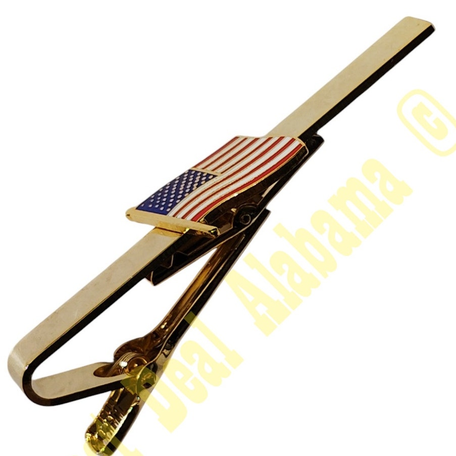 Tie Bar / Clip: Waving U.S. Flag, Gold Tone Finish 2-1/2"L, Flag's 3/4"H x 5/8"W