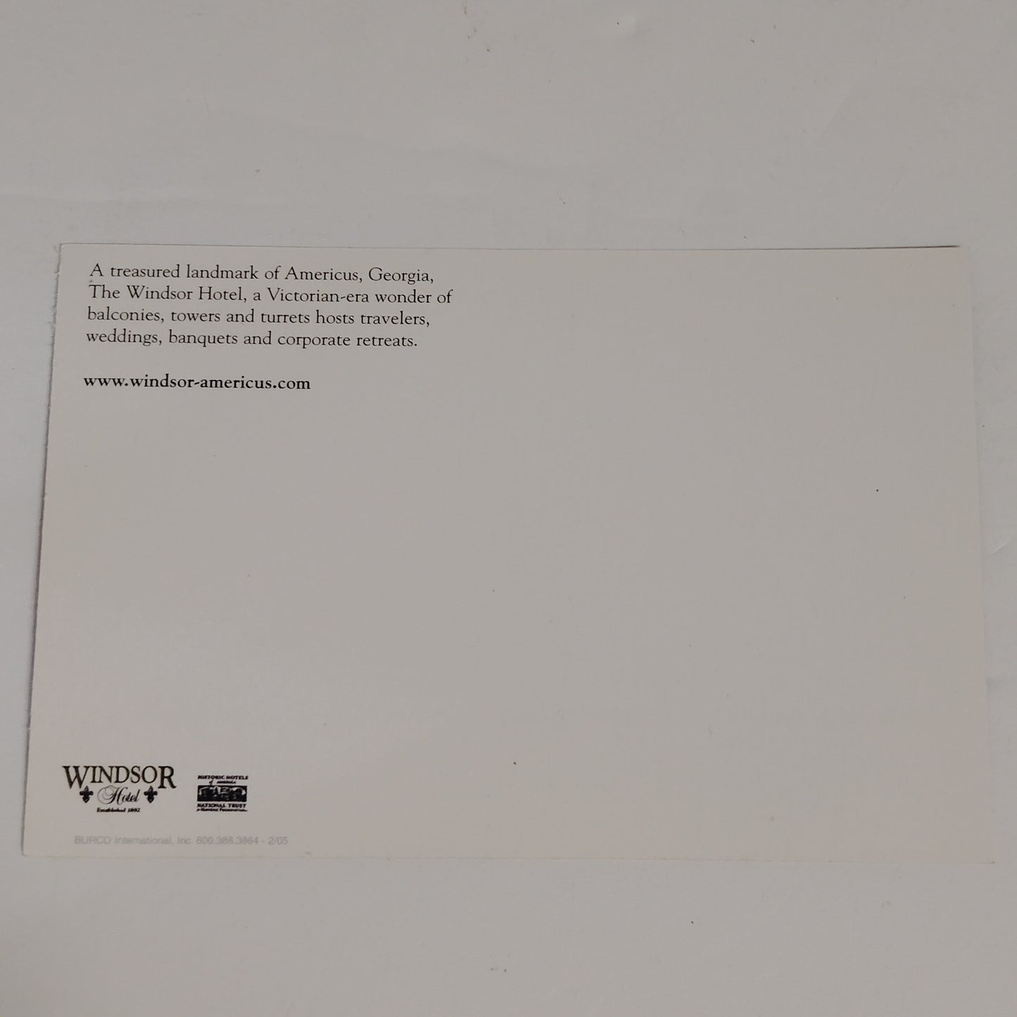 VTG 2005 Windsor Hotel Americus GA Postcard BURCO Intl Historic Hotels NOS