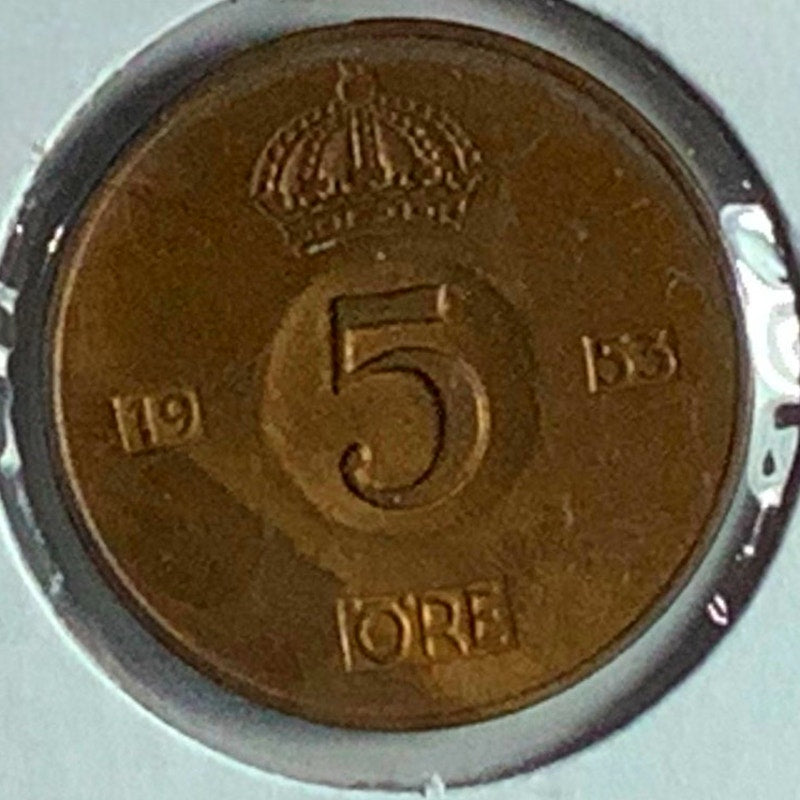 Sweden 5 öre, 1953, Crowned Double Monogram of King Gustaf VI Adolf Tails: Crown