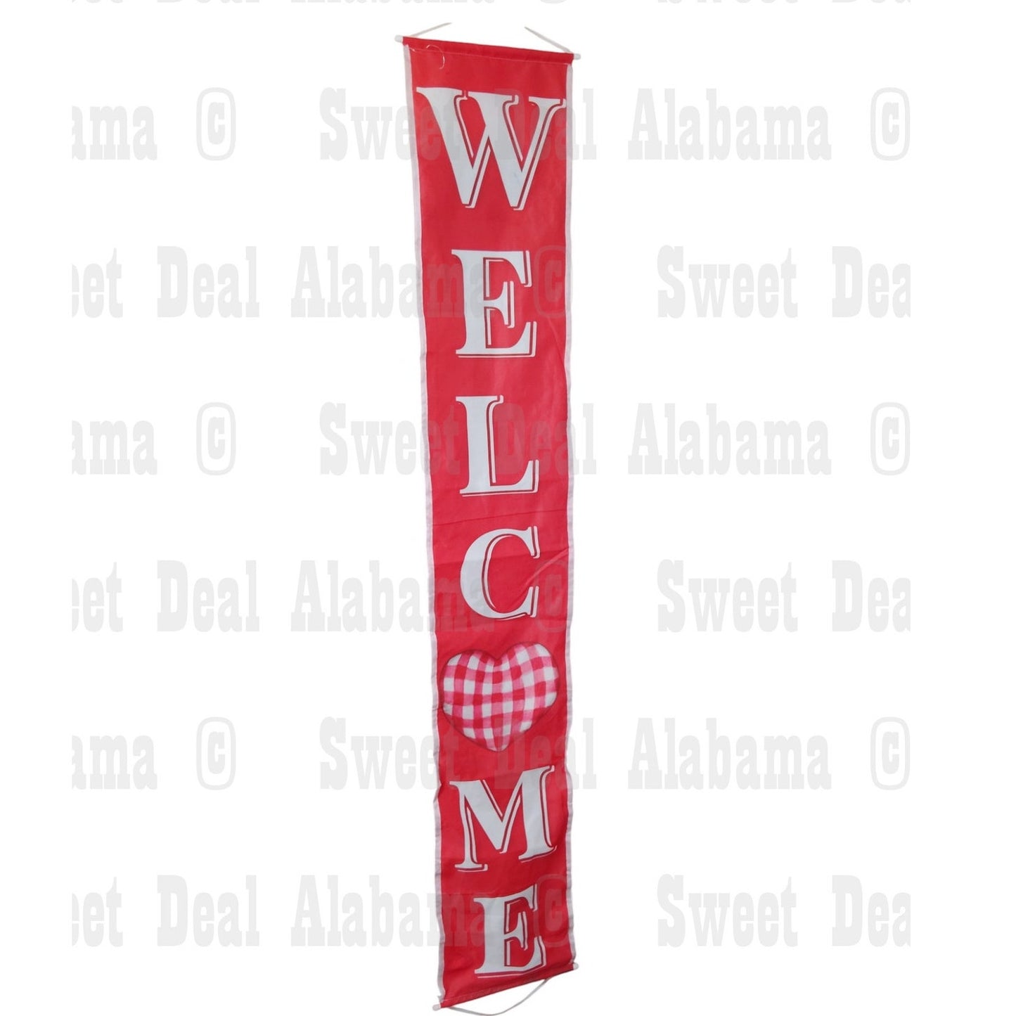 Vertical Welcome Banner – Red with Checkered Heart, Lighted Down The Sides