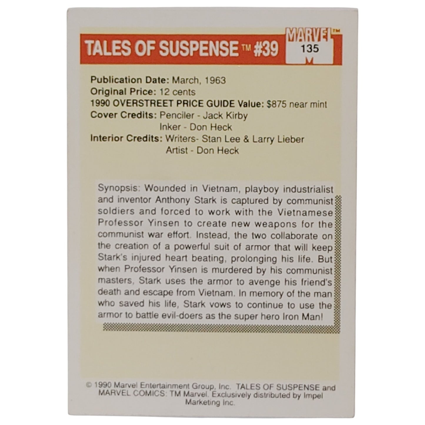 1990 Marvel Comics Tales of Suspense 39 Iron Man, Card 135, Marvel Entertainment