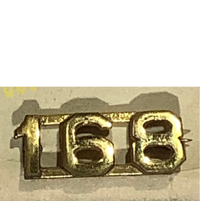Early/Mid 1900s Brass C-Clasp Number "168" Collar Device 3/8"H Hat / Lapel Pin