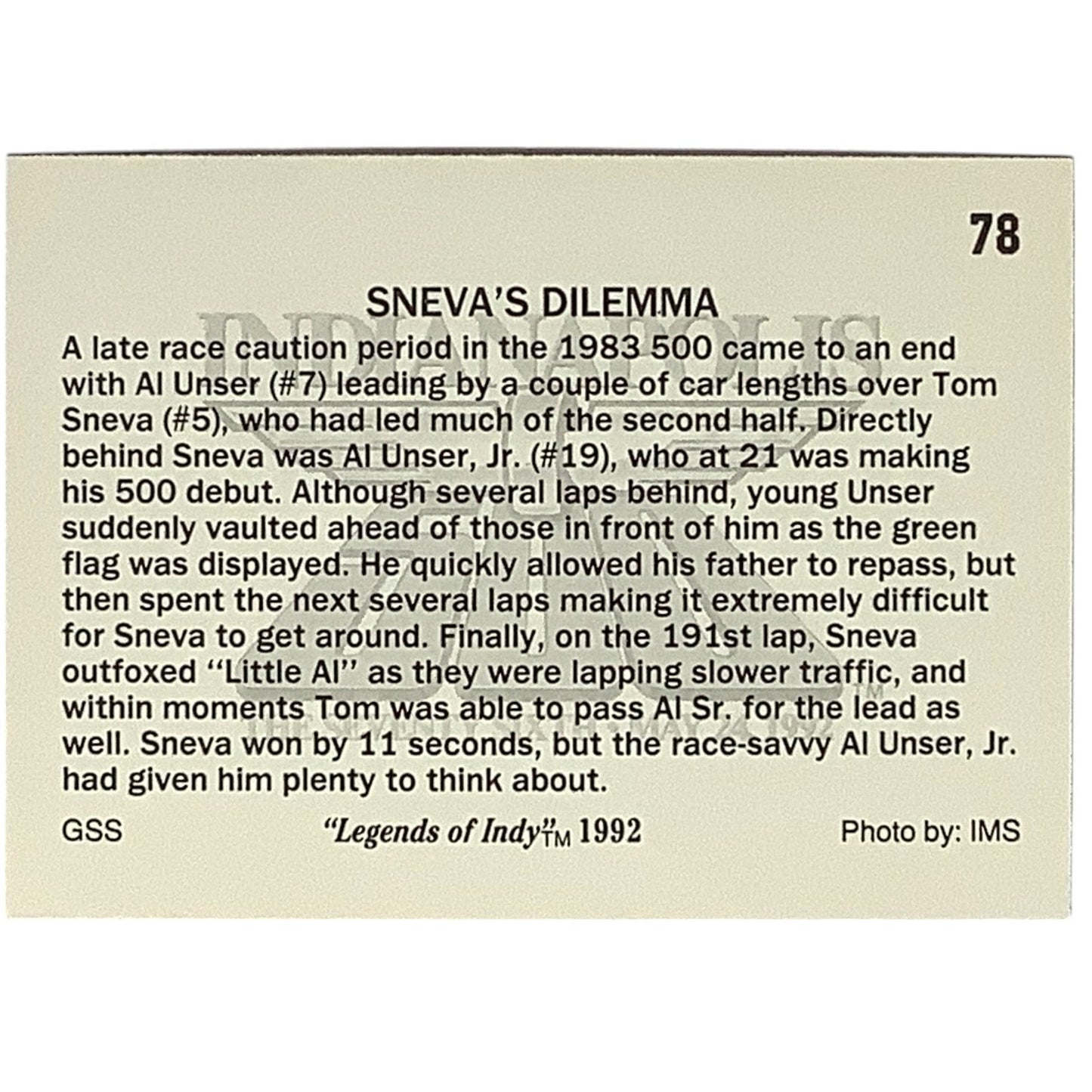1983 Tom Sneva's Dilemma at Indianapolis 500, 1992 Legends of Indy, Card 78 NM+