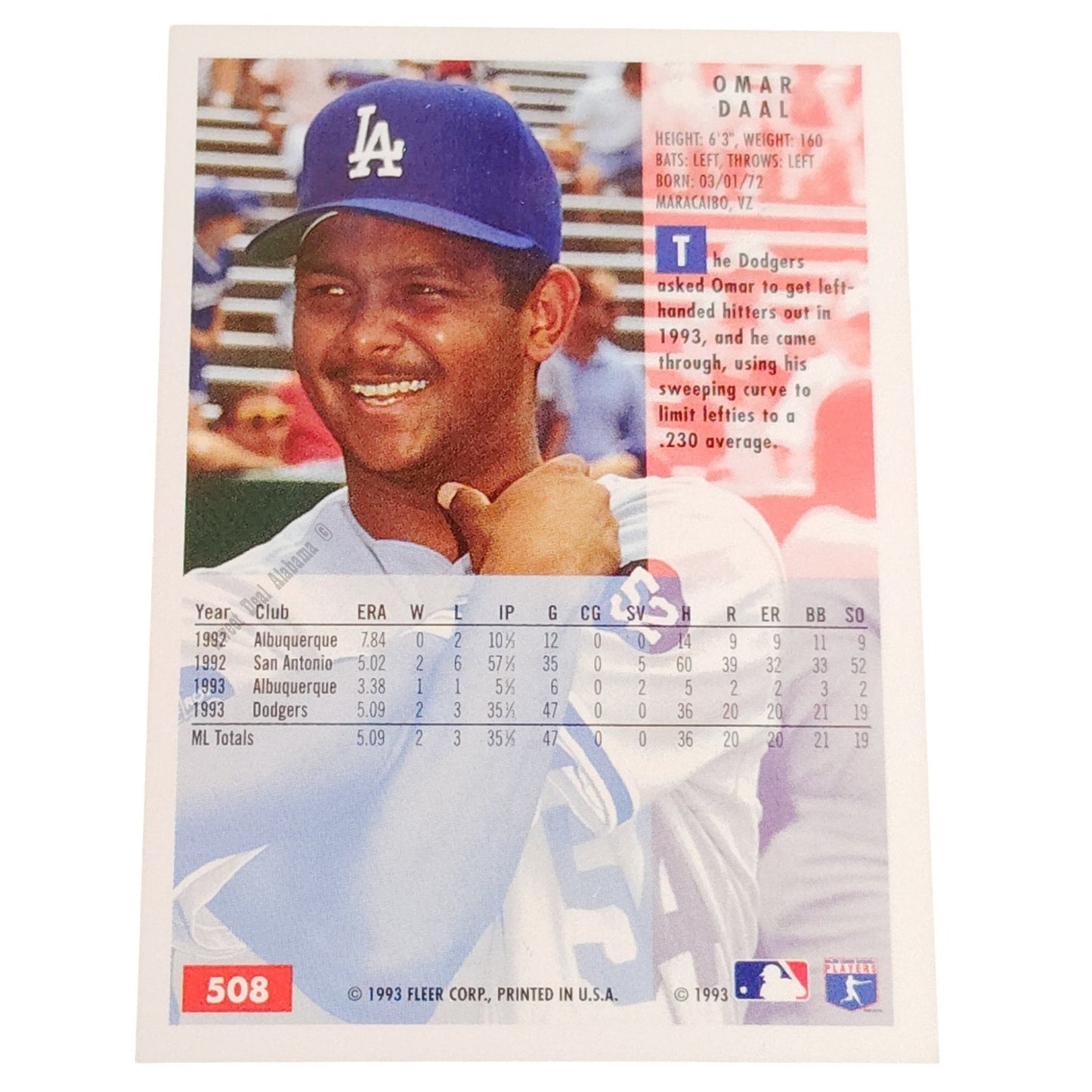 Omar Daal, Los Angeles Dodgers, #508, 1994 Fleer Baseball Collector's Card