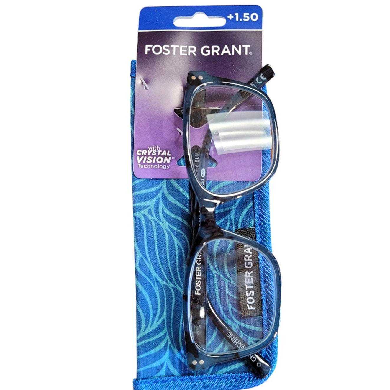 Foster Grant Crystal Vision BLU Reading Glasses, Clear Blue with Case +1.50