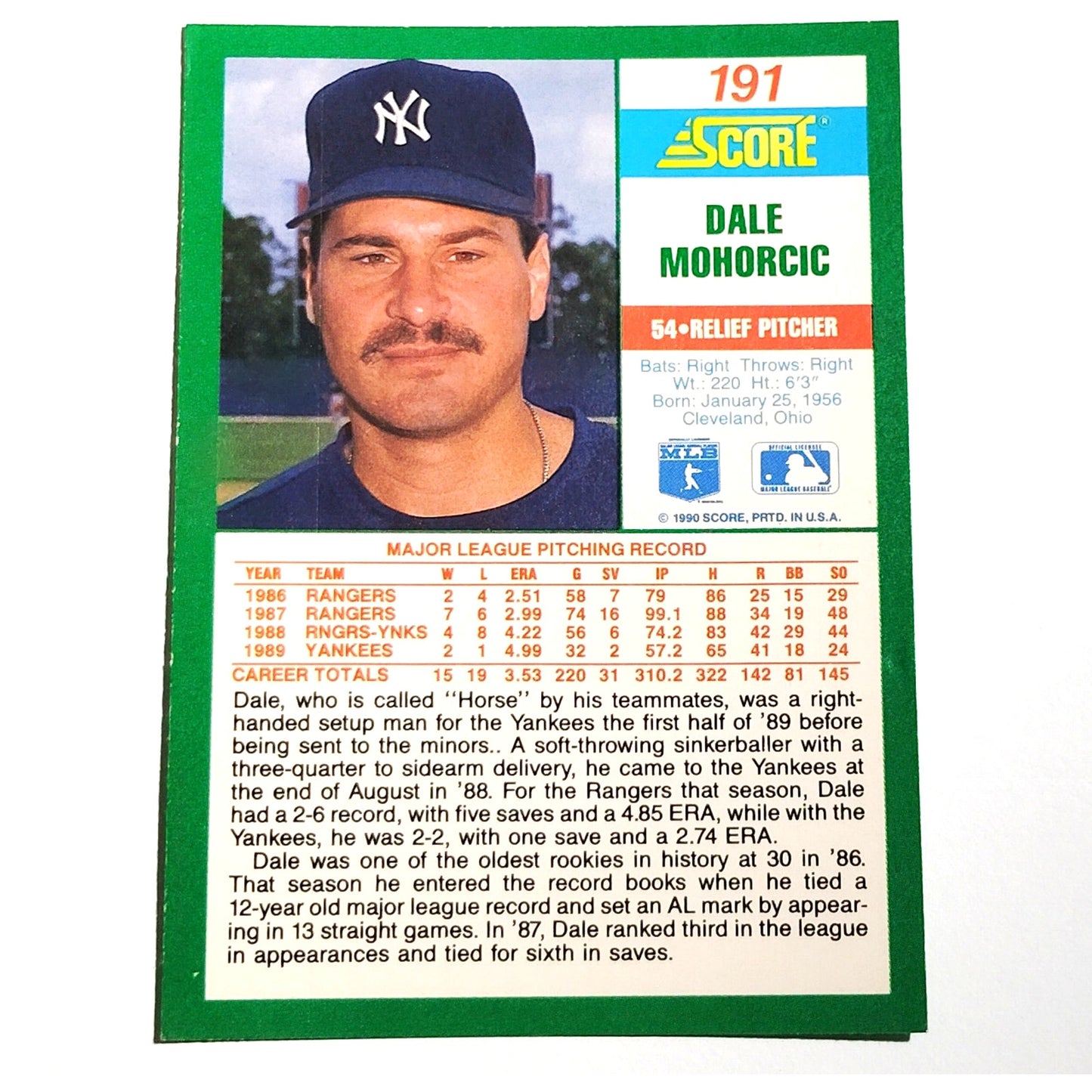 1990 Score Dale Mohorcic #191 New York Yankees Relief Pitcher MLB EX