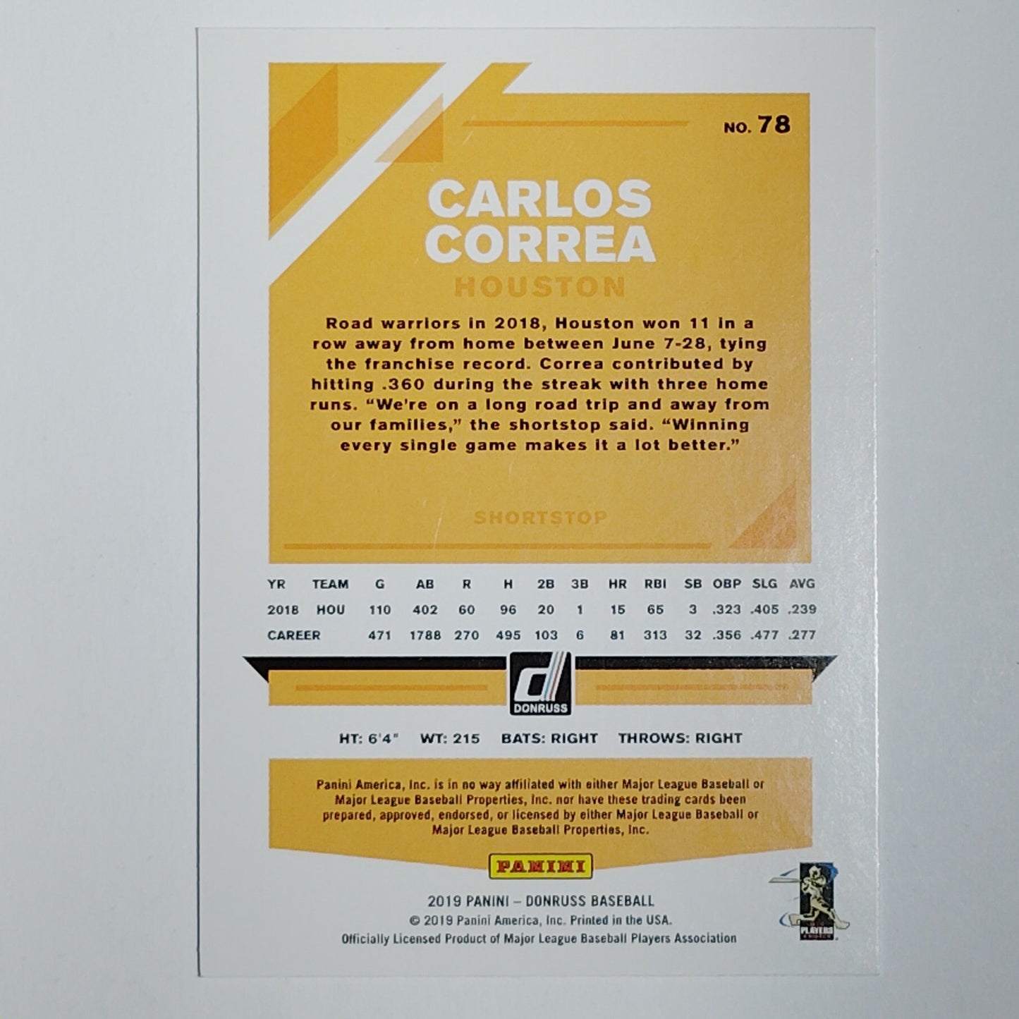 2019 Donruss Carlos Correa #78 Houston Astros Shortstop Batting - VG/EX