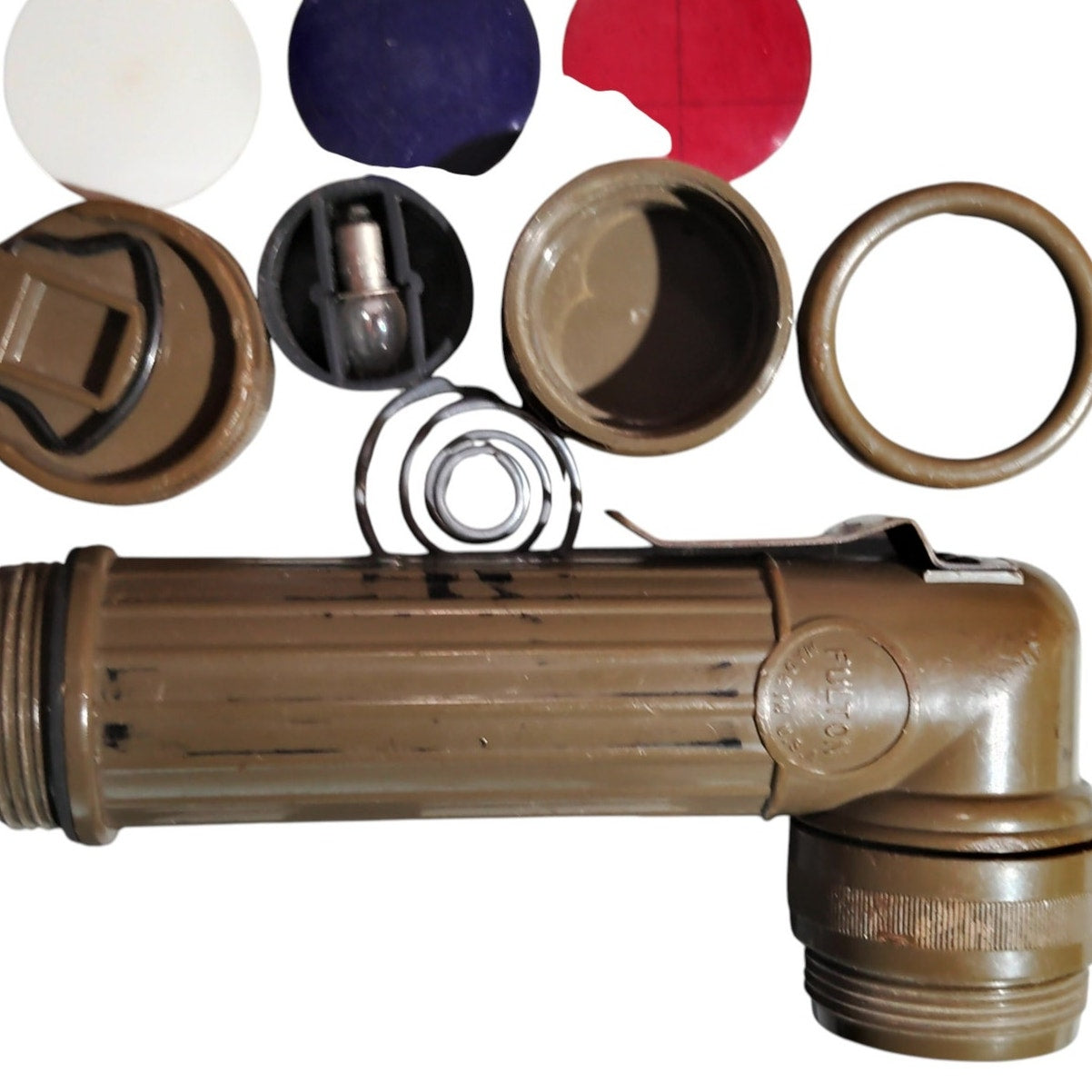 Fulton MX-99I/U Military Surplus Flashlight w/ Red, Blue, White Lens, Extra Bulb