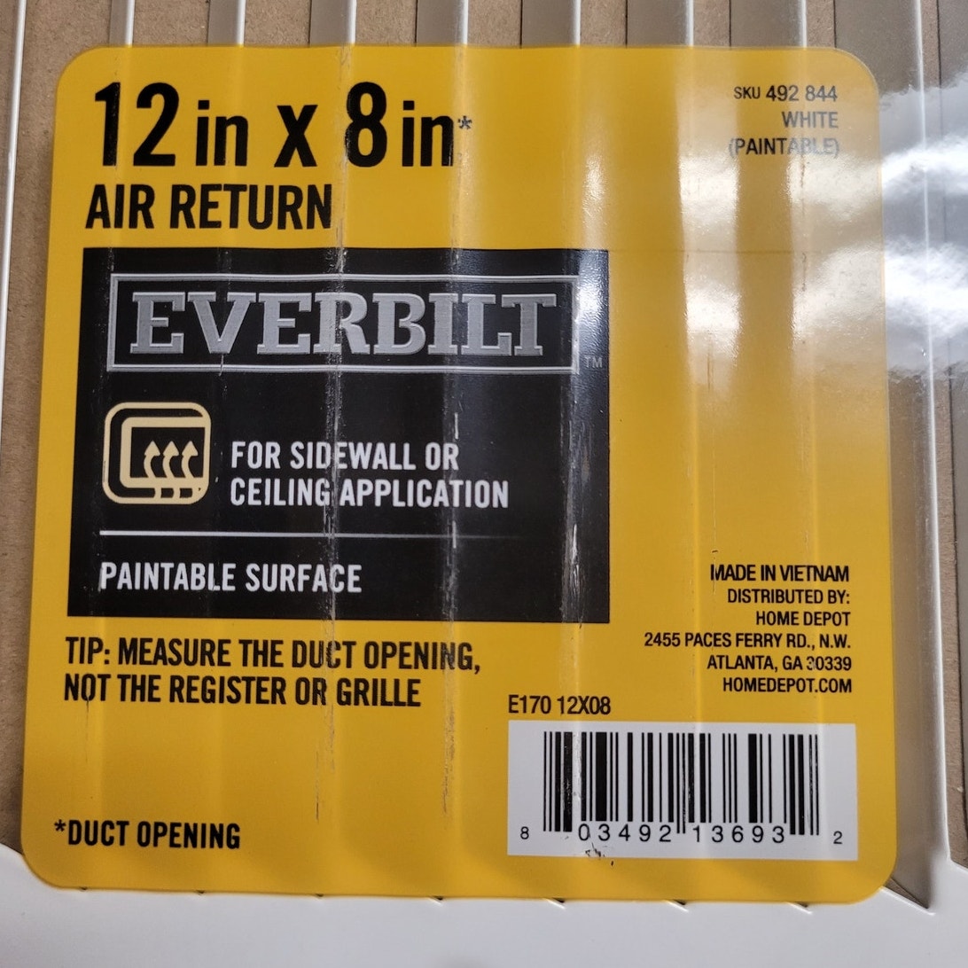 Everbilt 12 in. X 8 in. Steel Return Air Grille in White, Powder Coat White
