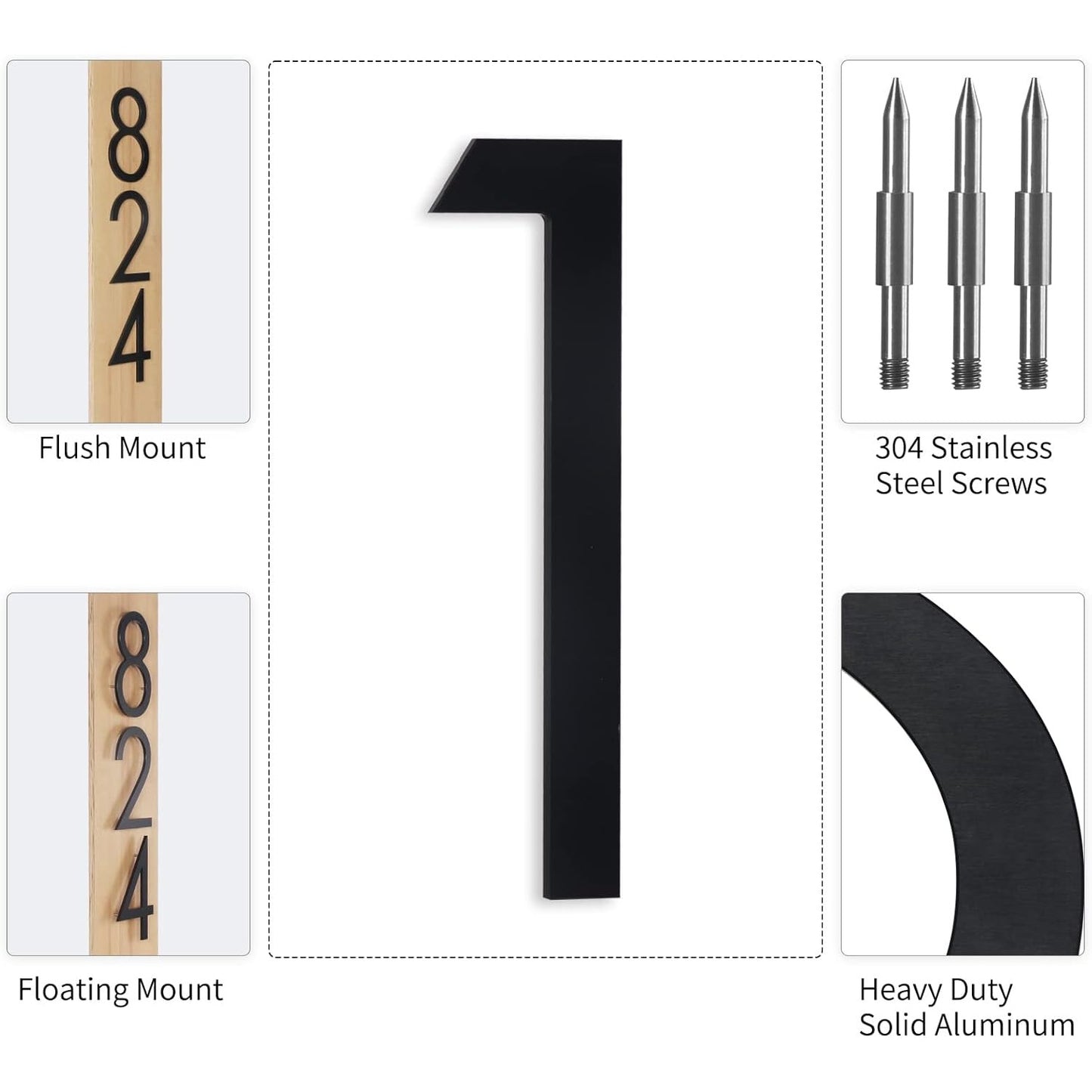12" Modern House Number - Matte Black Aluminum - Floating or Flush Mount - # 1