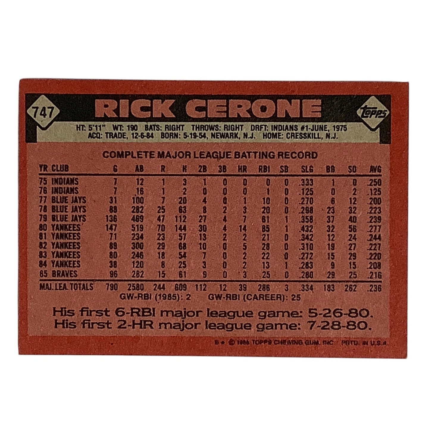 Rick Cerone, Atlanta Braves, MLB, Topps 1986, Card 747, EX/NM