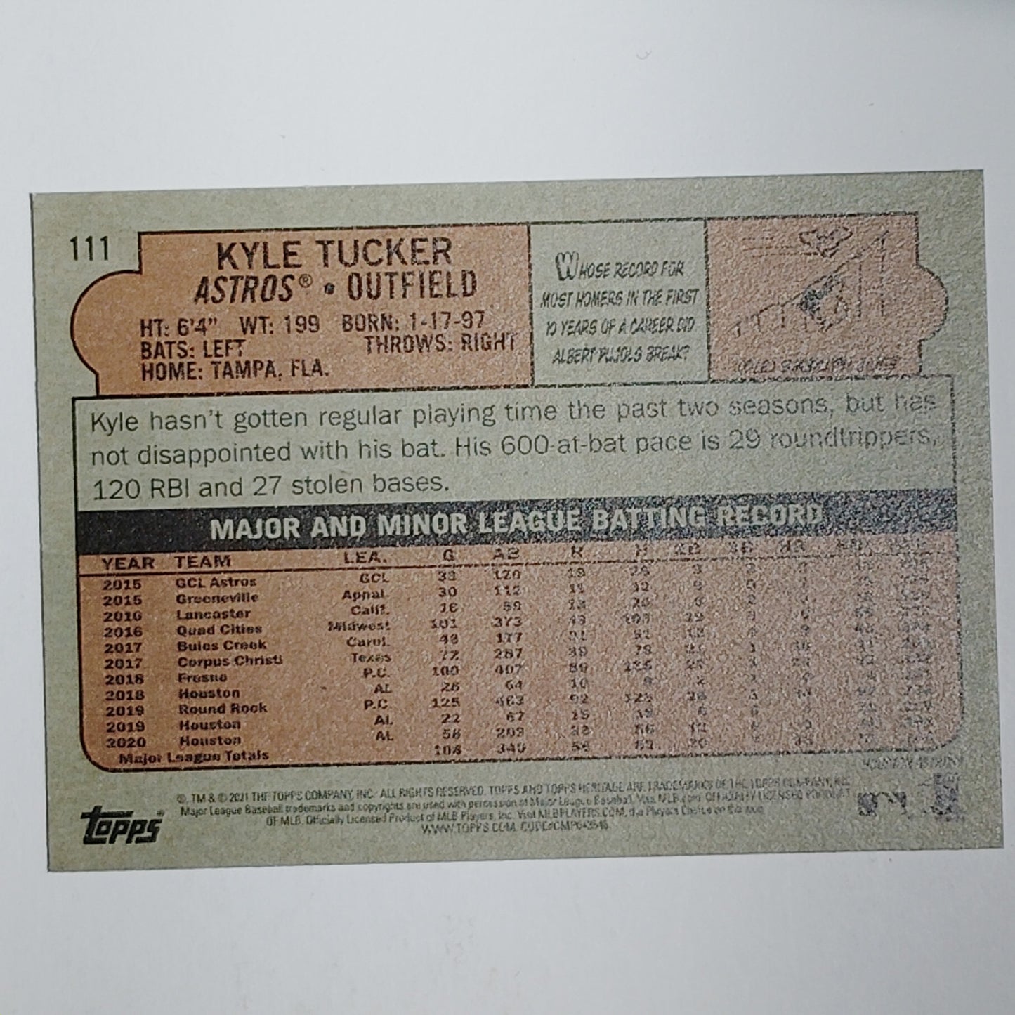 2021 Topps Heritage Kyle Tucker 111 Houston Astros Outfield Baseball VG/EX