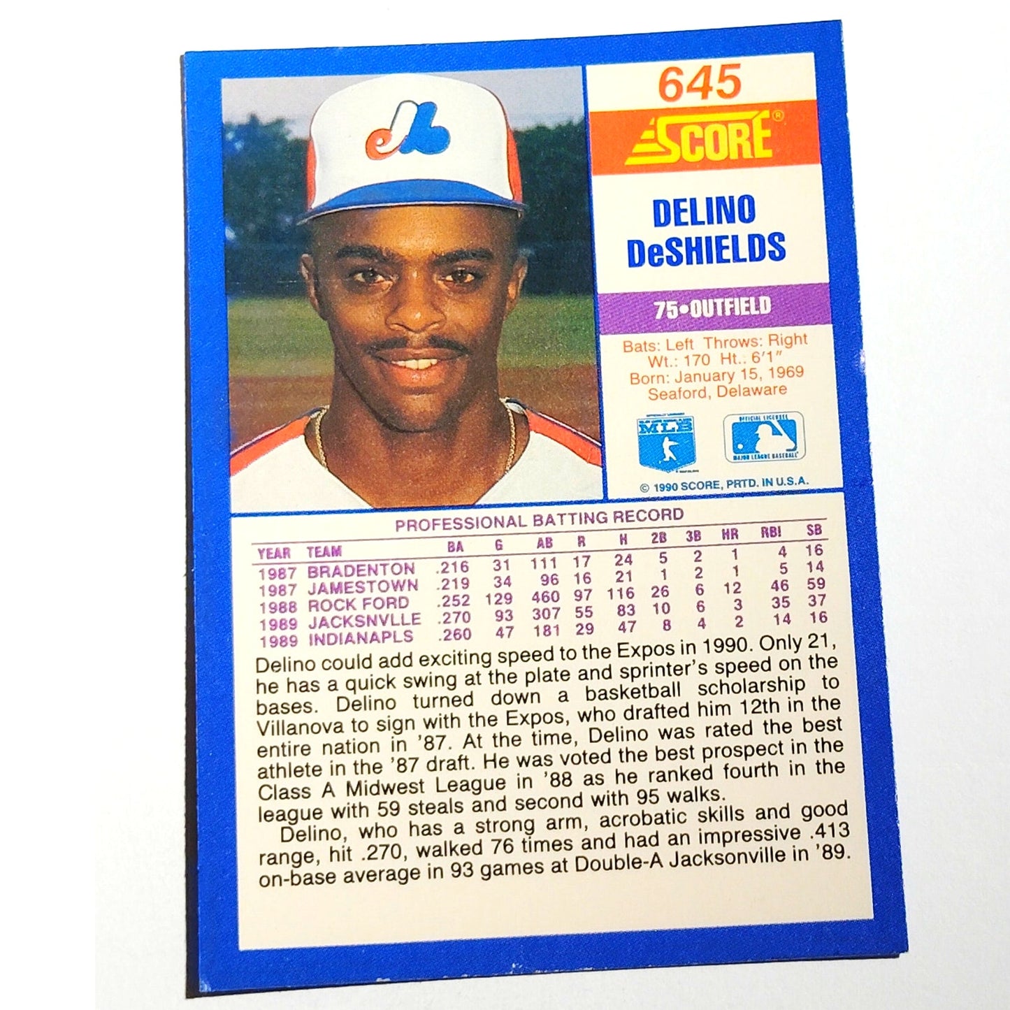 1990 Score Delino DeShields RC #645 Montreal Expos Second Baseman Rookie MLB EX
