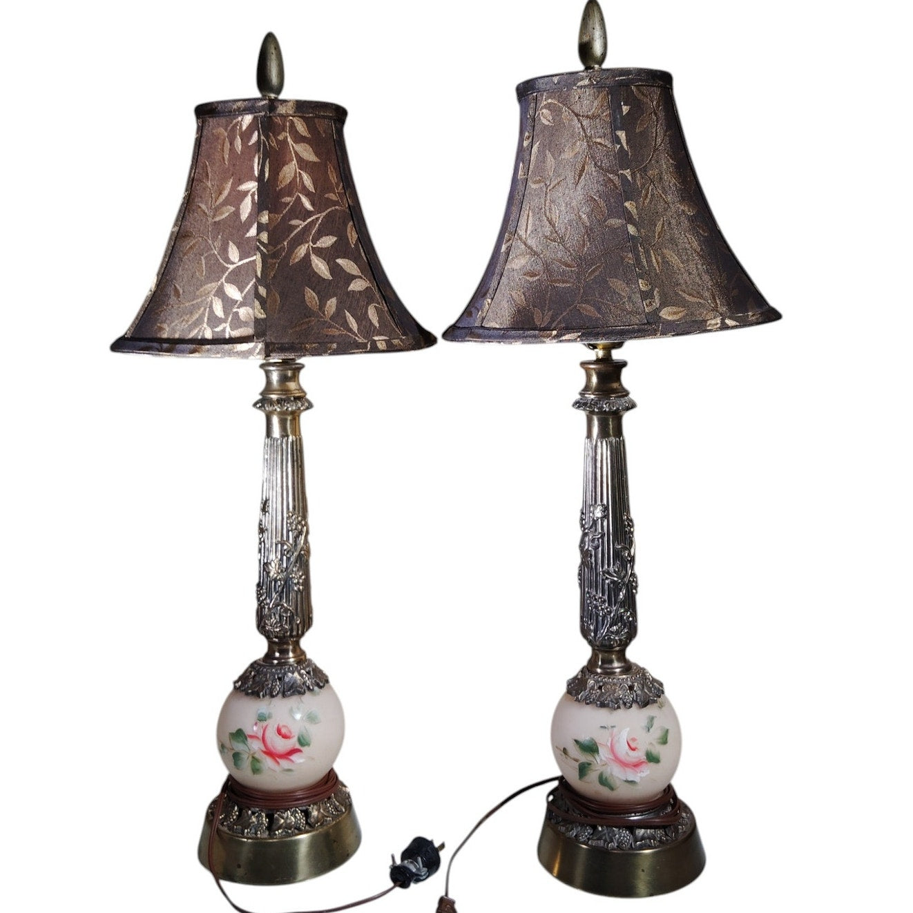 Pair of Vintage Floral Table Lamps – Brass Base, Pink Rose Globe, Ornate Design
