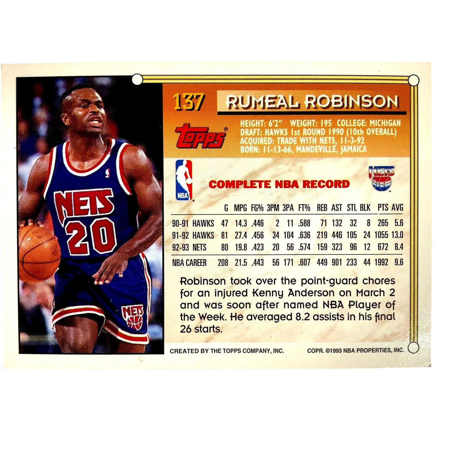 Rumeal Robinson, New Jersey Nets, 1993 Topps GOLD Insert Collector Card 137, EXC