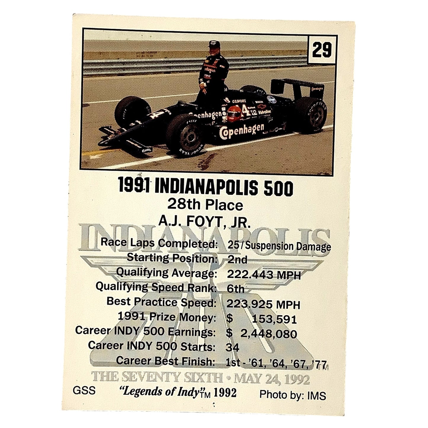 A.J. Foyt Jr. 28th Place Indy 500, 1991 Action, 1992 Legends of Indy, Card No.29