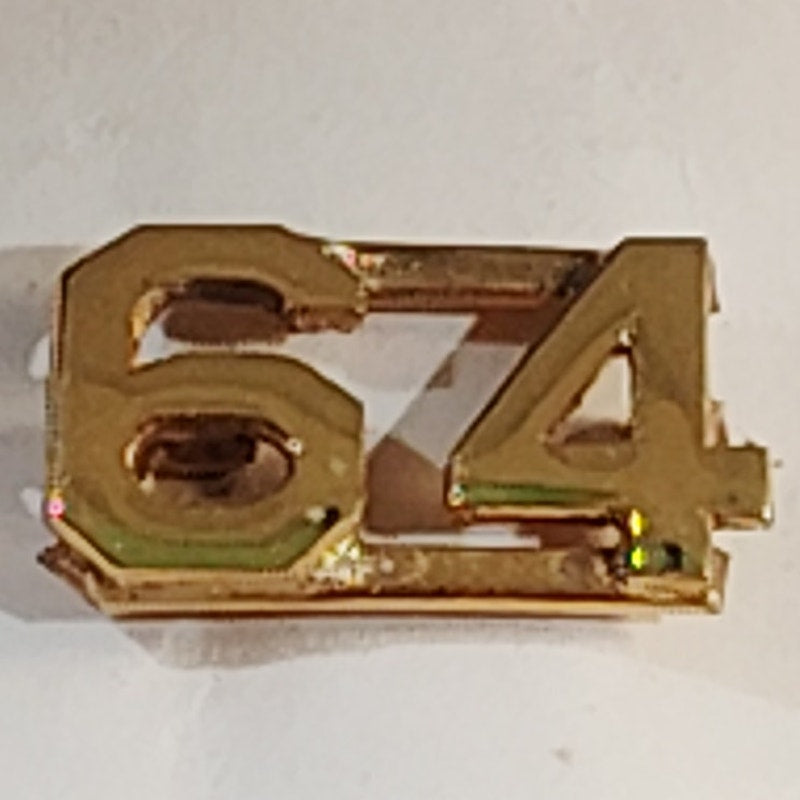 Early/Mid 1900s Brass C-Clasp "64" Collar Devices 3/8"H Hat / Lapel Pins Set