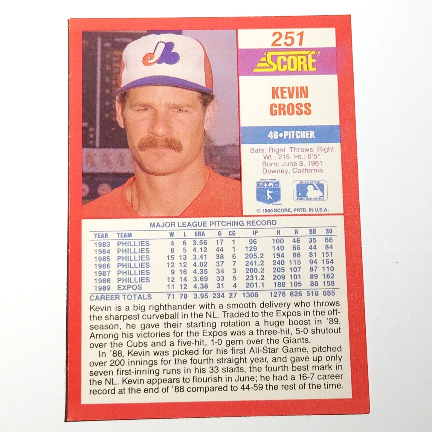 1990 Score Kevin Gross #251 Montreal Expos Pitcher MLB Baseball EX