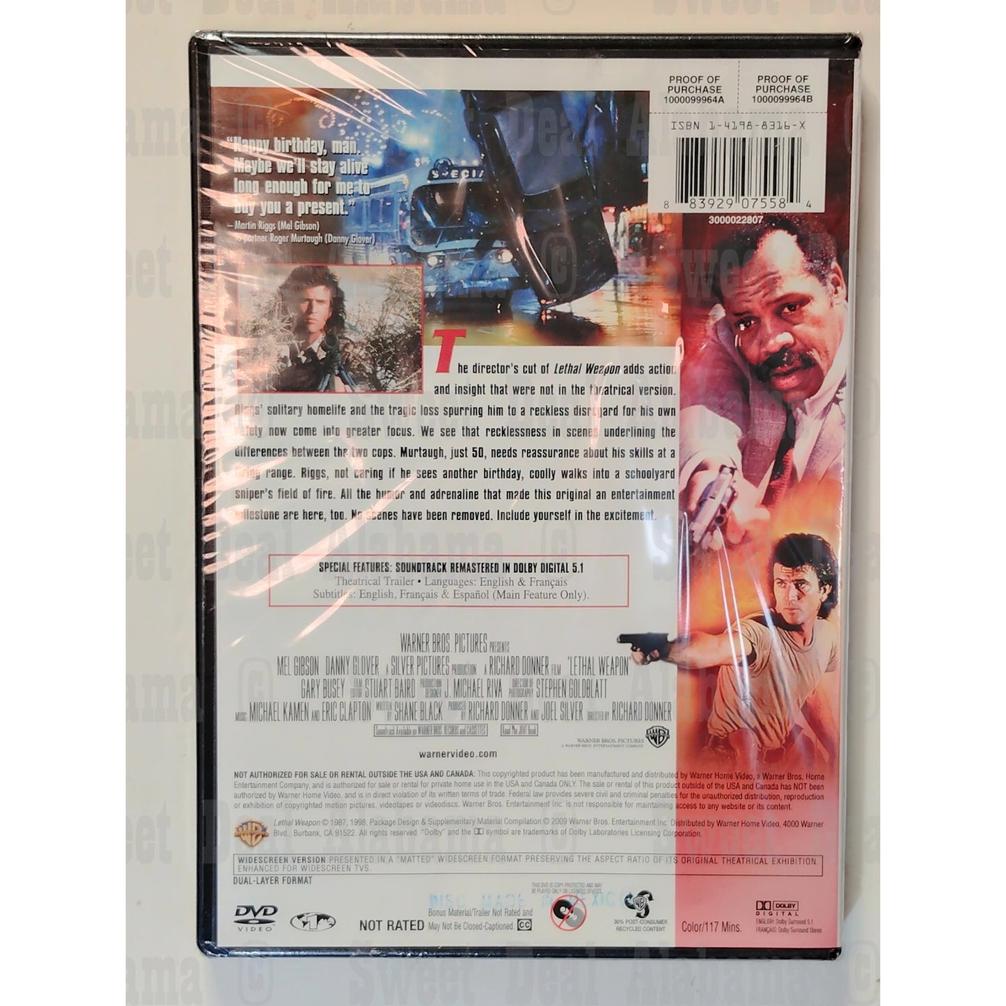 Lethal Weapon, Director's Cut (1987 DVD) Mel Gibson, Danny Glover Action 111 Min