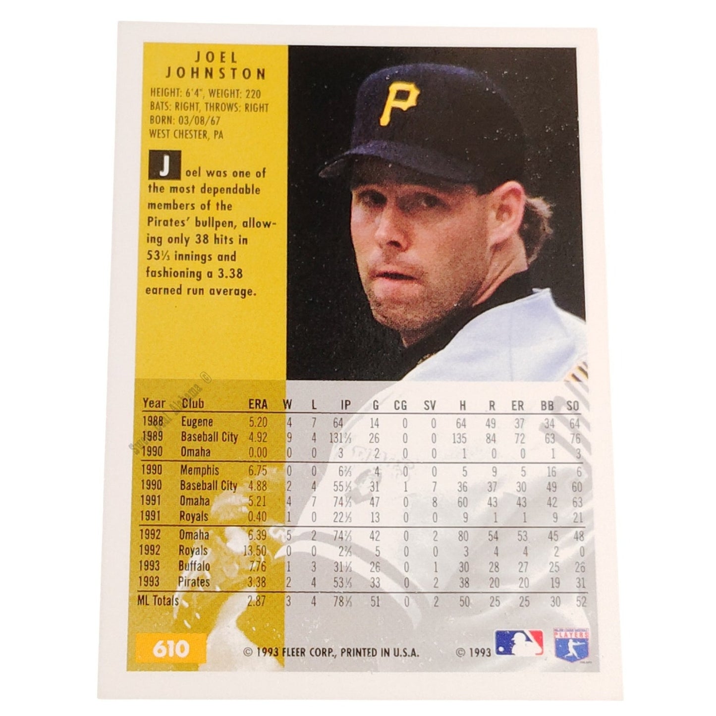 Joel Johnston, Pittsburgh Pirates, #610, 1994 Fleer Baseball Collector's Card