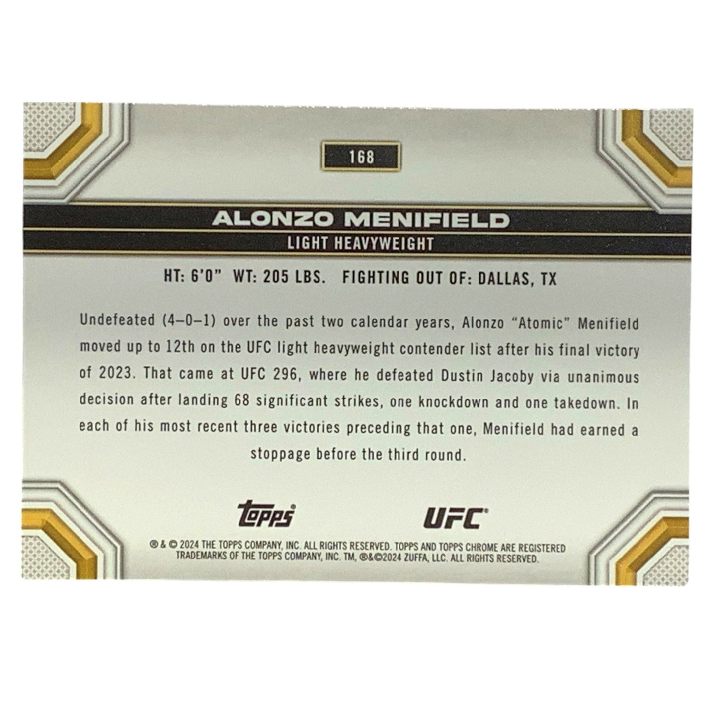 Alonzo Menifield, UFC Light Heavyweight, Card 168, 2024 Topps Chrome UFC, NM+