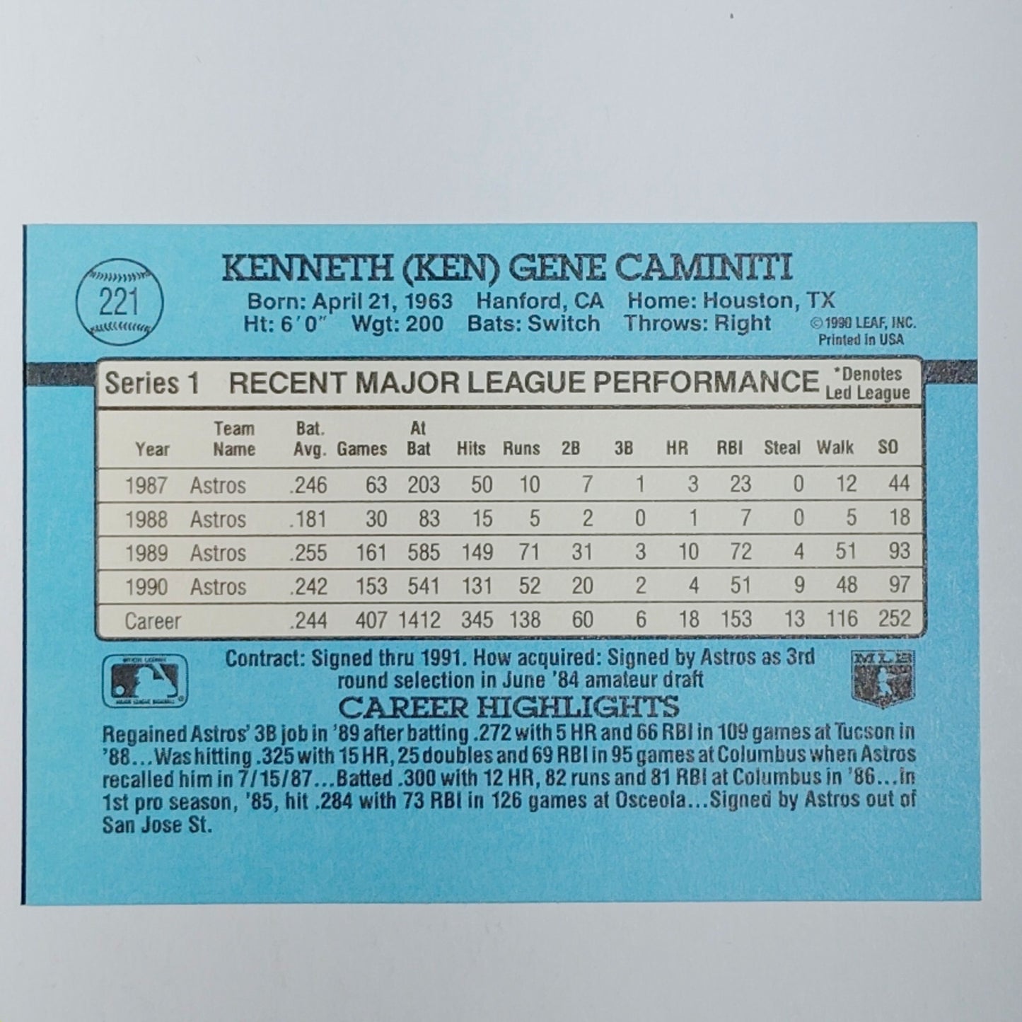 1991 Donruss #221 Ken Caminiti Houston Astros Third Baseman - VG/EX
