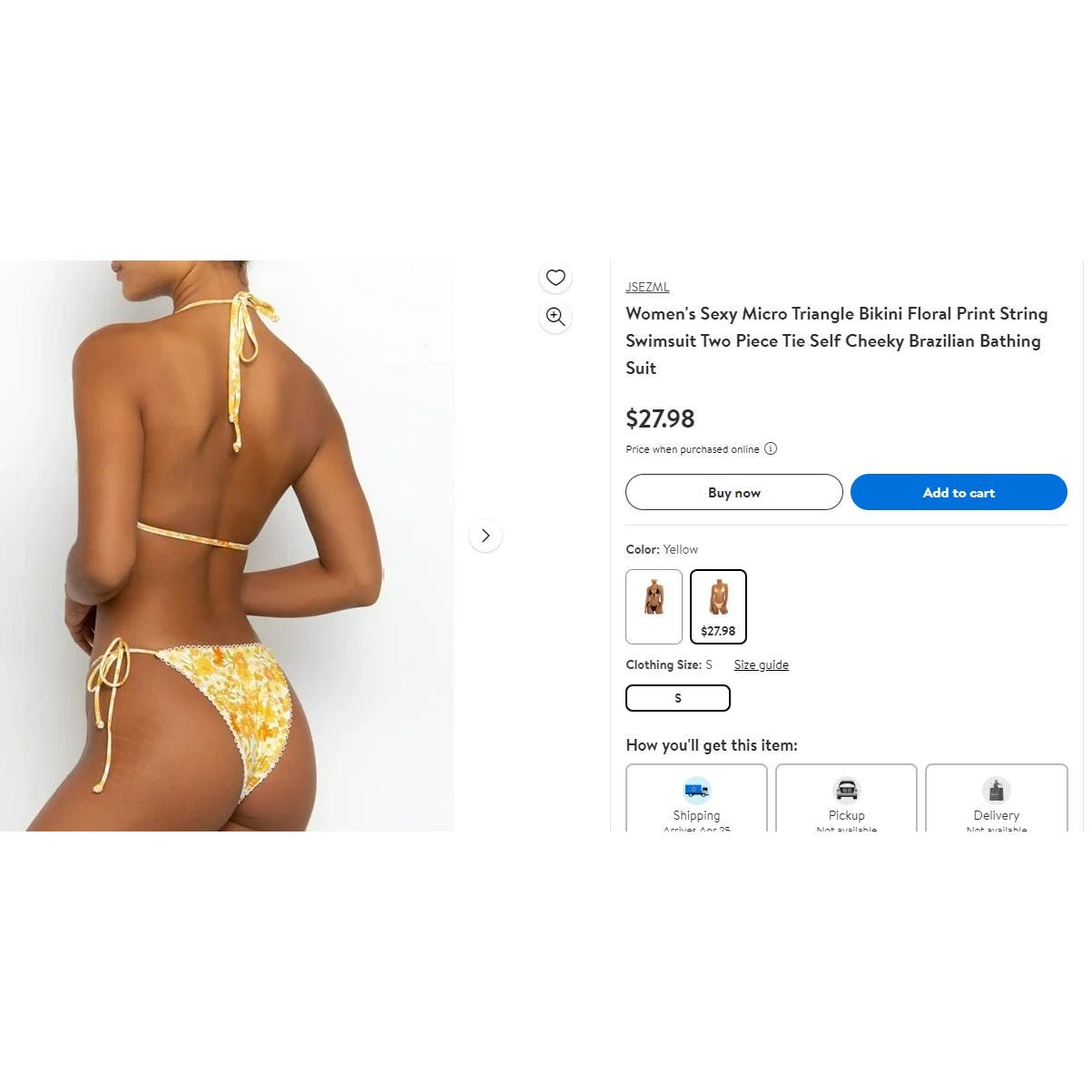 Jsezml Brazilian Bikini Top, Yellow Floral Print, Med (6) Bust 33.86 - 35.83 in.
