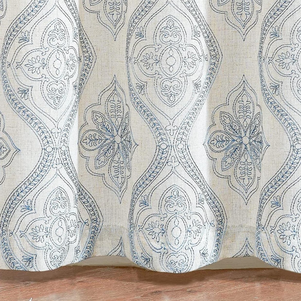 Farmhouse Linen Curtain Panels (2), Each 50"W x 96"L, Damask Blue w/ Grommets